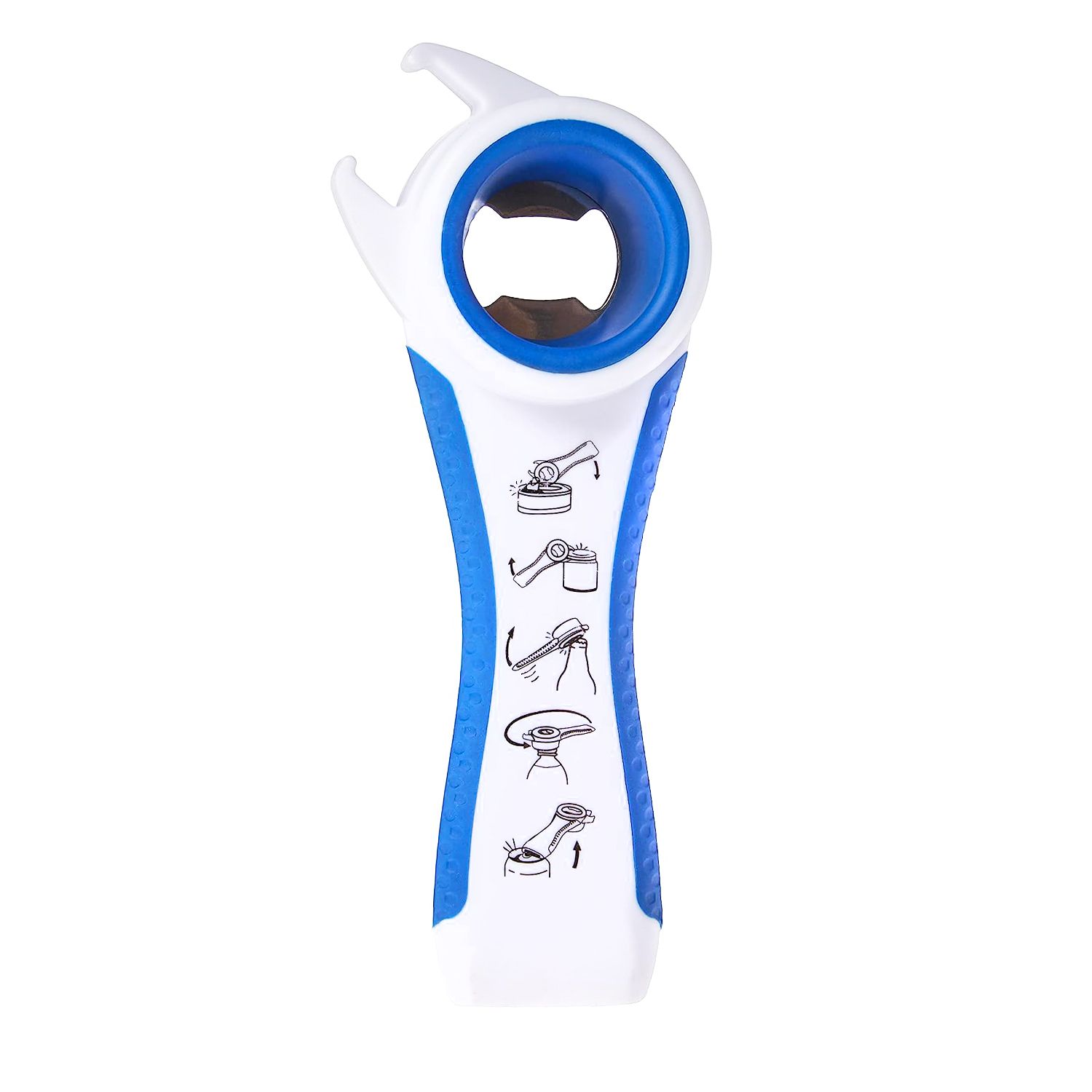 Weiß-blauer 5-in-1-Multi-Öffner. Mit Öffnern für Kronkorken, Schraubverschlüssen, Einmachgläsern, Dosen und Konserven.