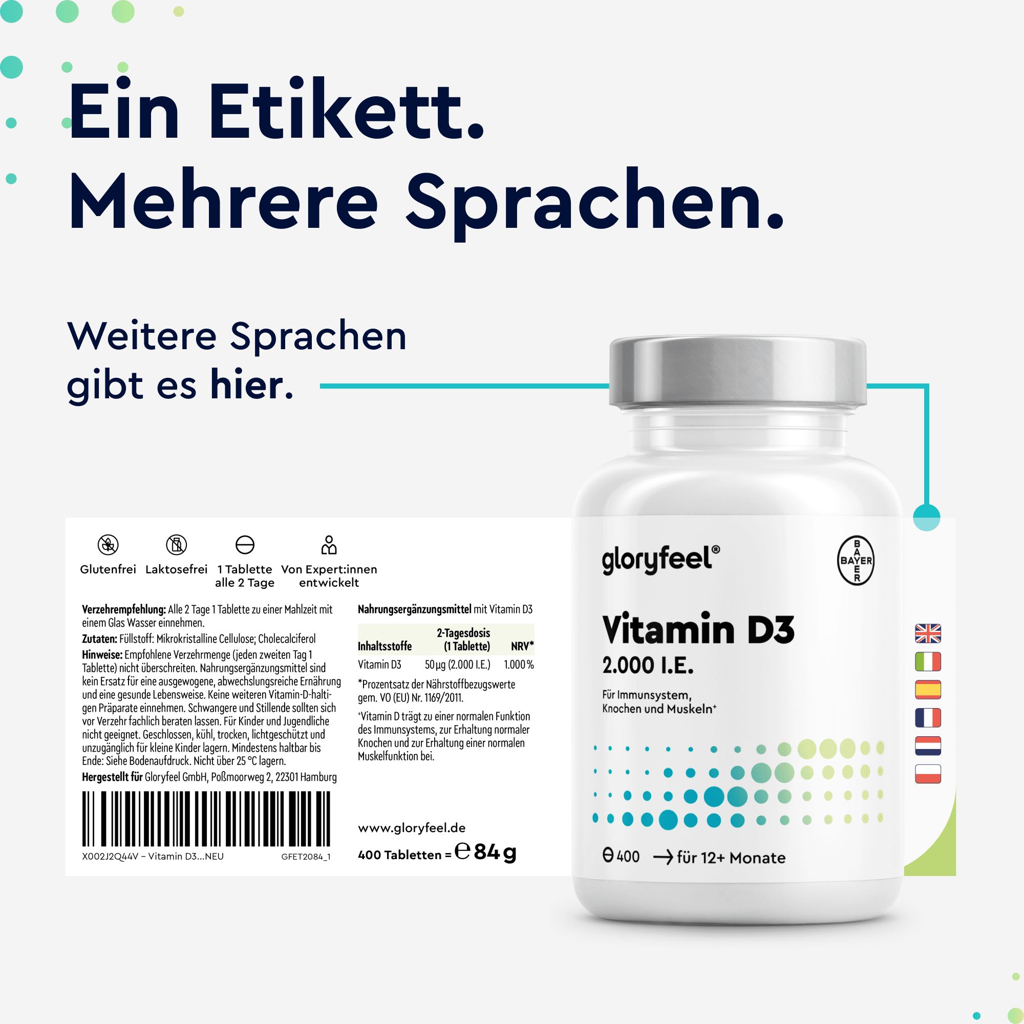 gloryfeel® Vitamin D3 2000 I.E. - 400 Tabletten hochdosiert