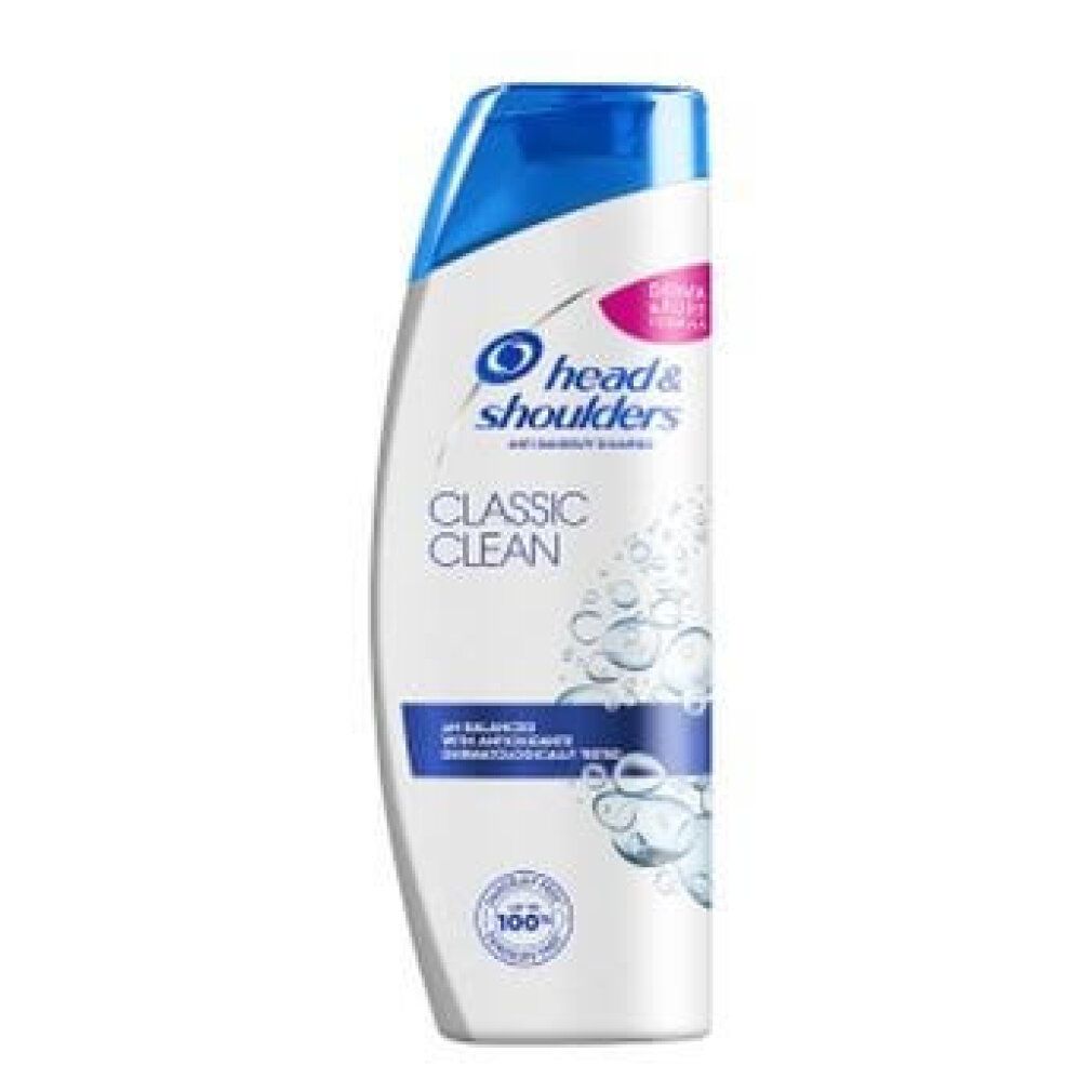 Weiße Flasche mit blauem Deckel. Head & Shoulders Anti-Schuppen Shampoo. Classic Clean. Text: pH-ausgewogen. Dermatologisch getestet.