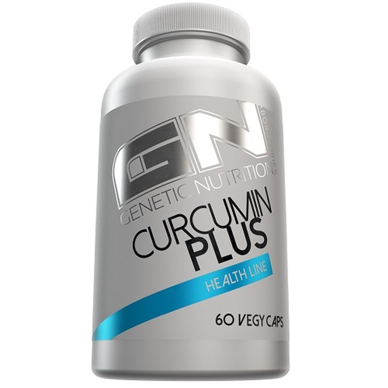 Graue Flasche mit weißem Deckel. Aufschrift: GN, CURCUMIN PLUS, HEALTH LINE, 60 VEGY CAPS.