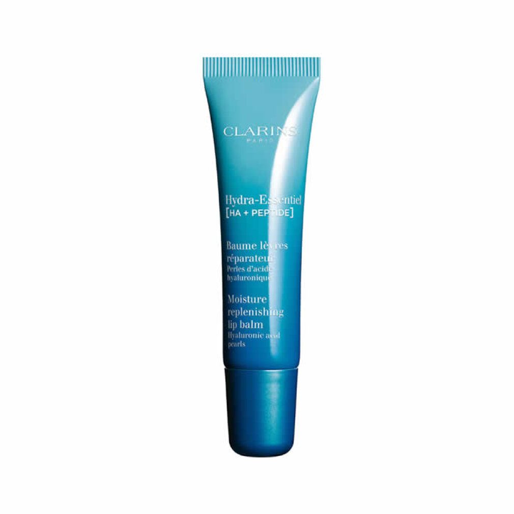 Blau-weiße Tube Clarins Hydra-Essentiel Lippenbalsam. Text: Moisture replenishing lip balm, Hyaluronsäure-Perlen.