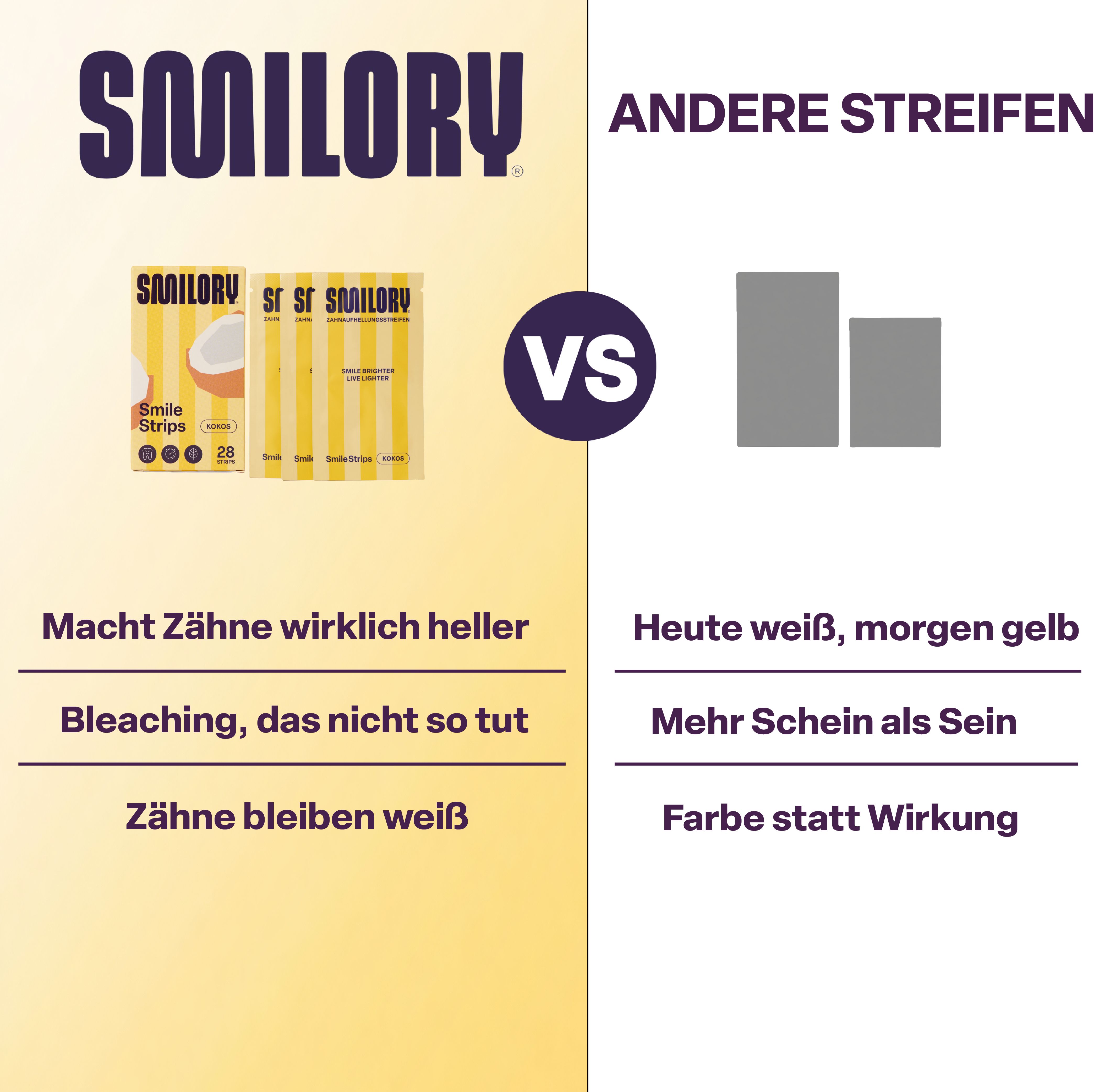 Smilory Smile Strips Kokos im Vergleich zu anderen Streifen.