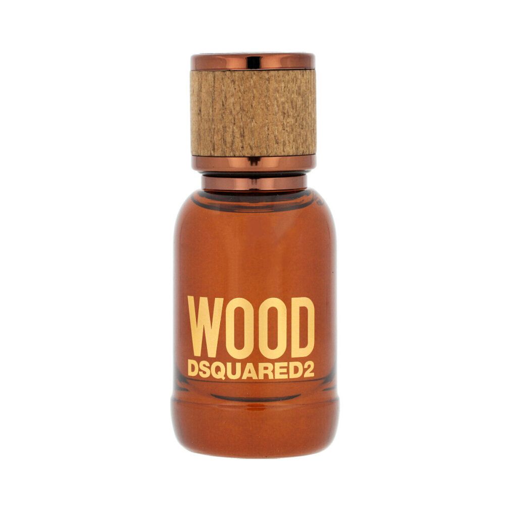 Braune Glasflasche mit Holzverschluss. Aufschrift "WOOD DSQUARED2" in Gold. Flakon auf weißem Hintergrund.