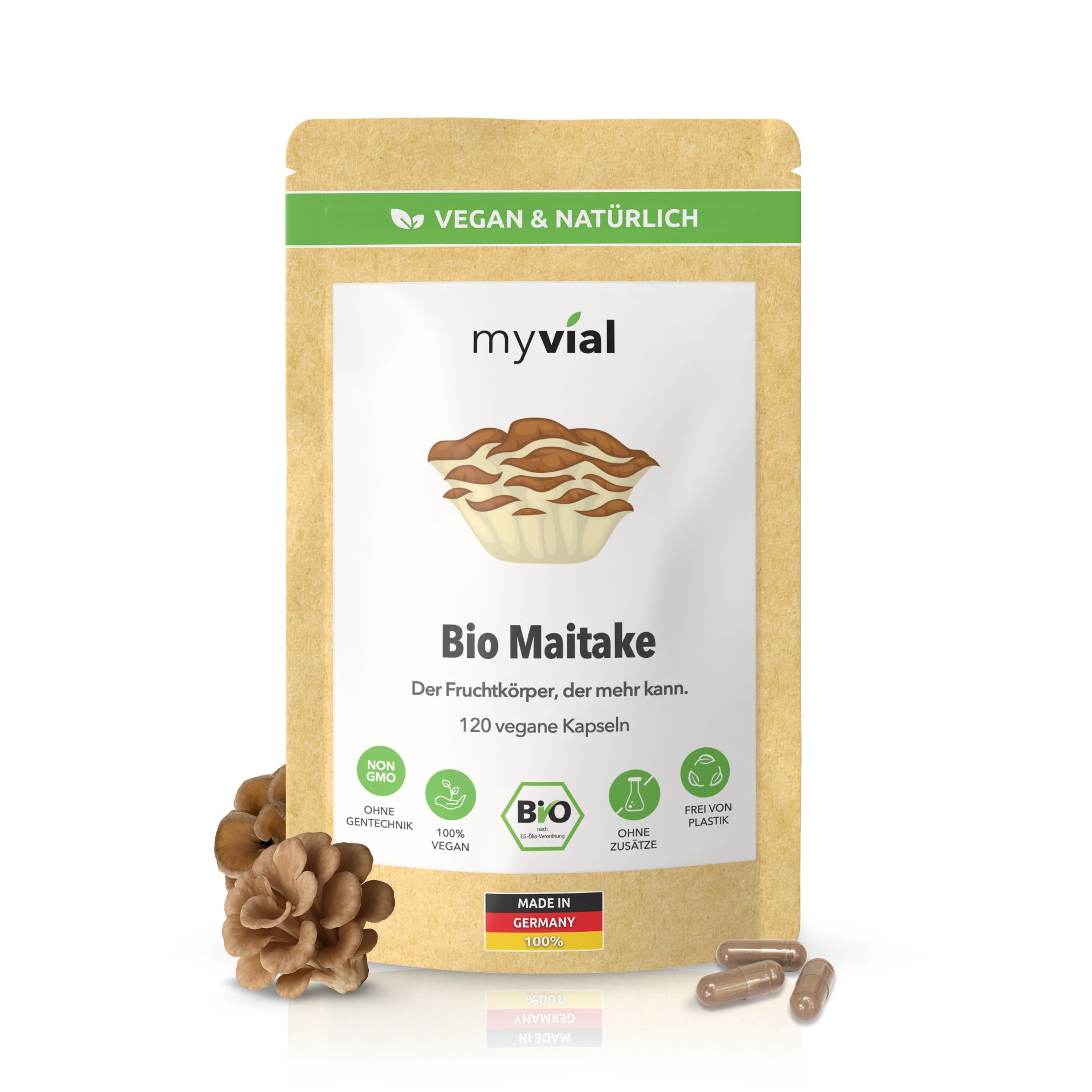 myvial® Bio Maitake Kapseln - 120 Stück Pilzpulver aus ganzem Fruchtkörper vegan St