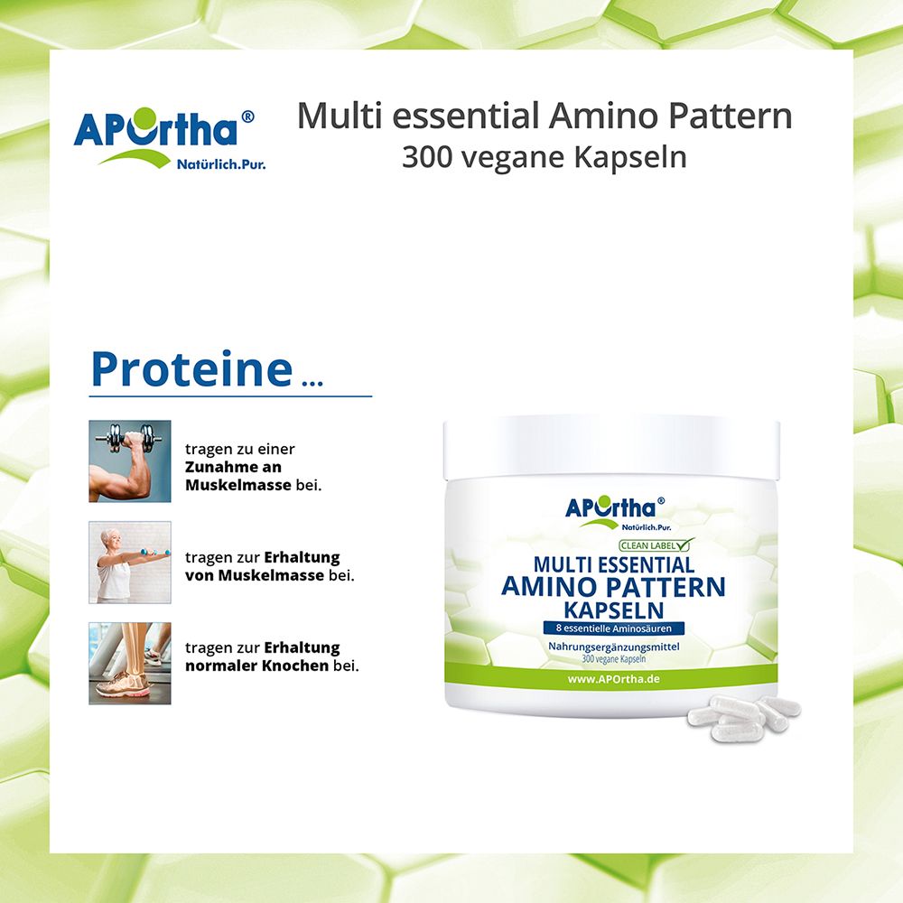 APOrtha® Multi essential Amino Pattern Kapseln: Beitrag zu Muskelmasse und Knochenerhalt. Weißer Behälter mit Kapseln.