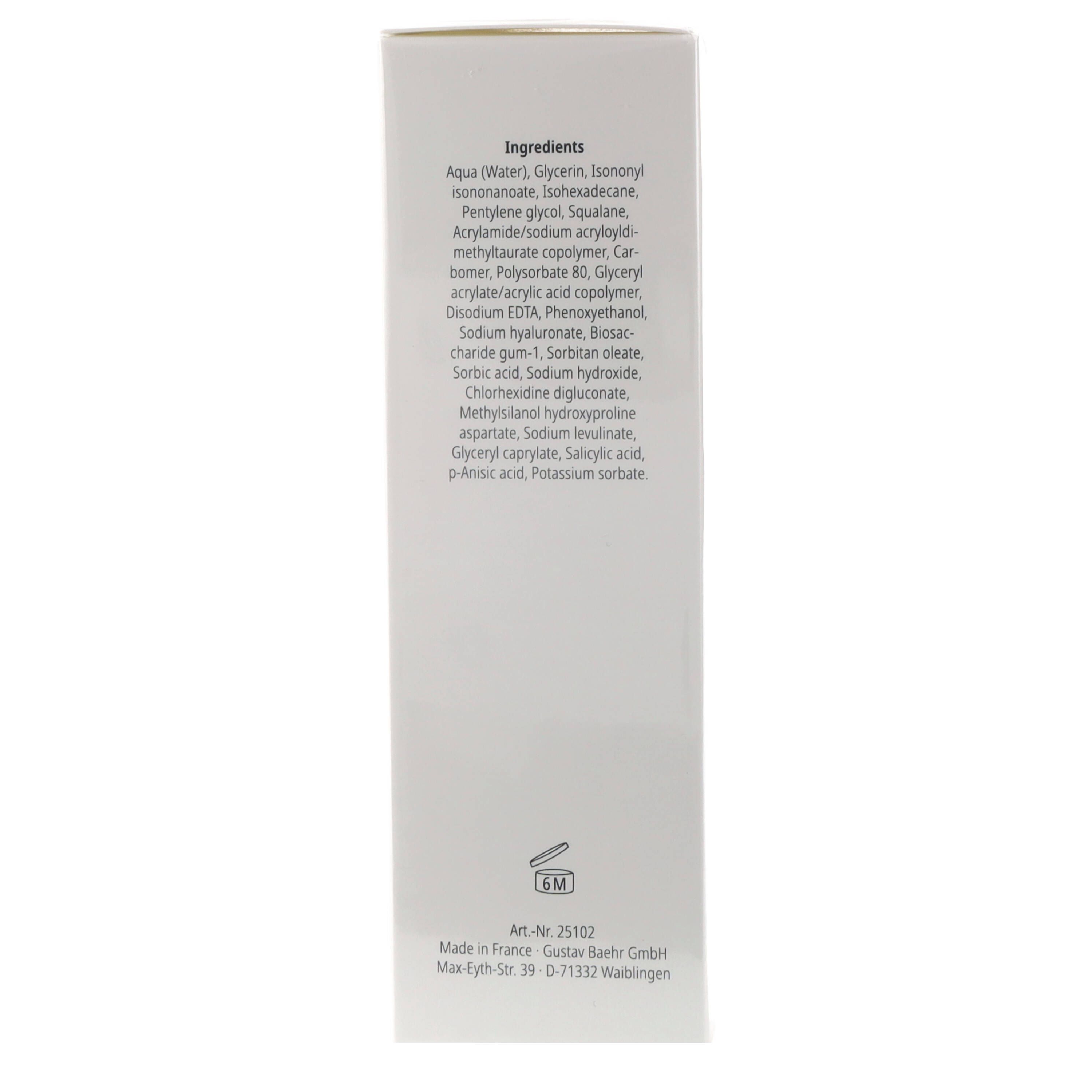 Verpackung mit Inhaltsstoffen und Herstellerinformationen. Text in deutscher Sprache. Weiße rechteckige Schachtel.