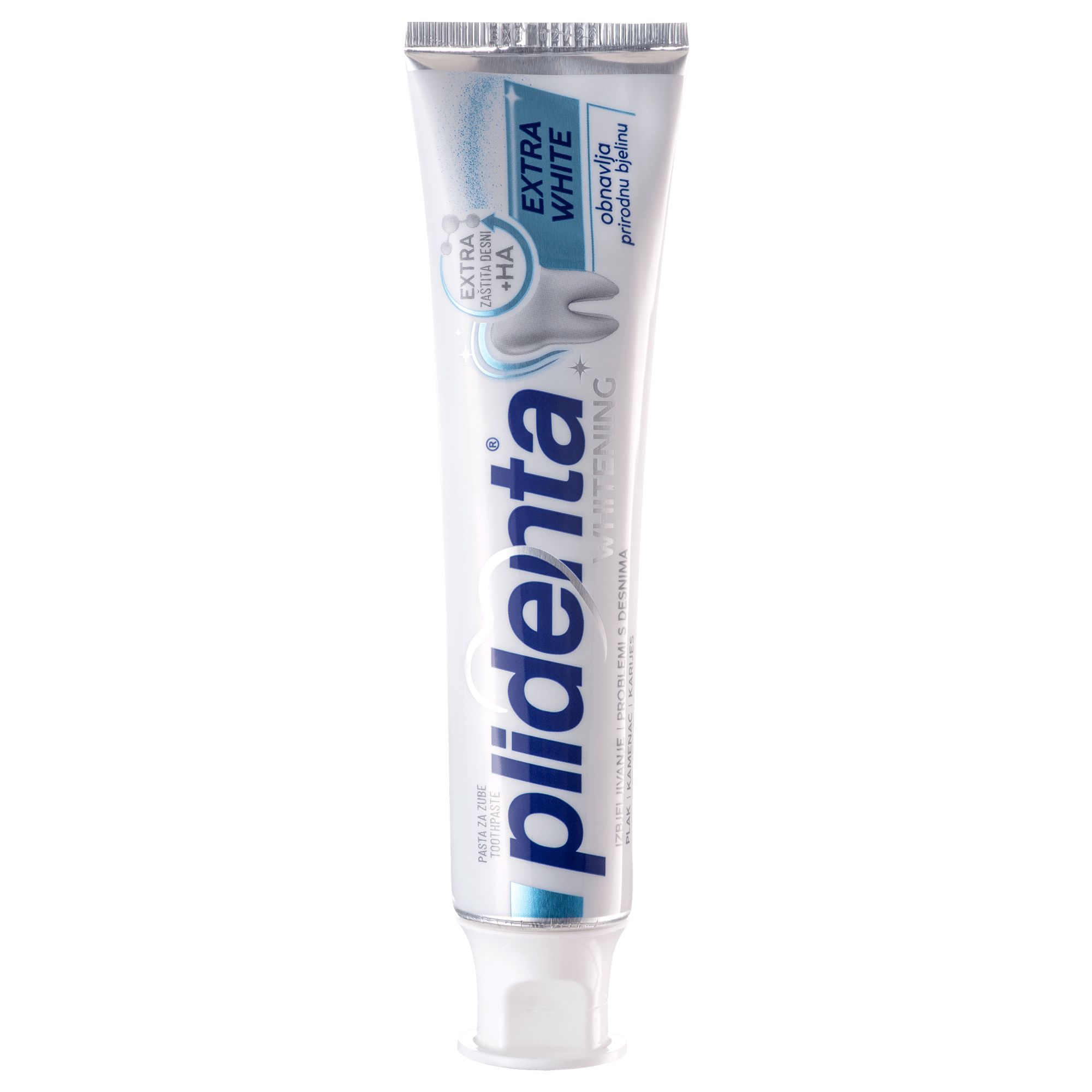 Zahnpasta-Tube, weiß mit blauer Schrift. Aufschrift: plidenta, EXTRA WHITE. Enthält HA. Für weißere Zähne. Weißes Zahnpasta-Design.