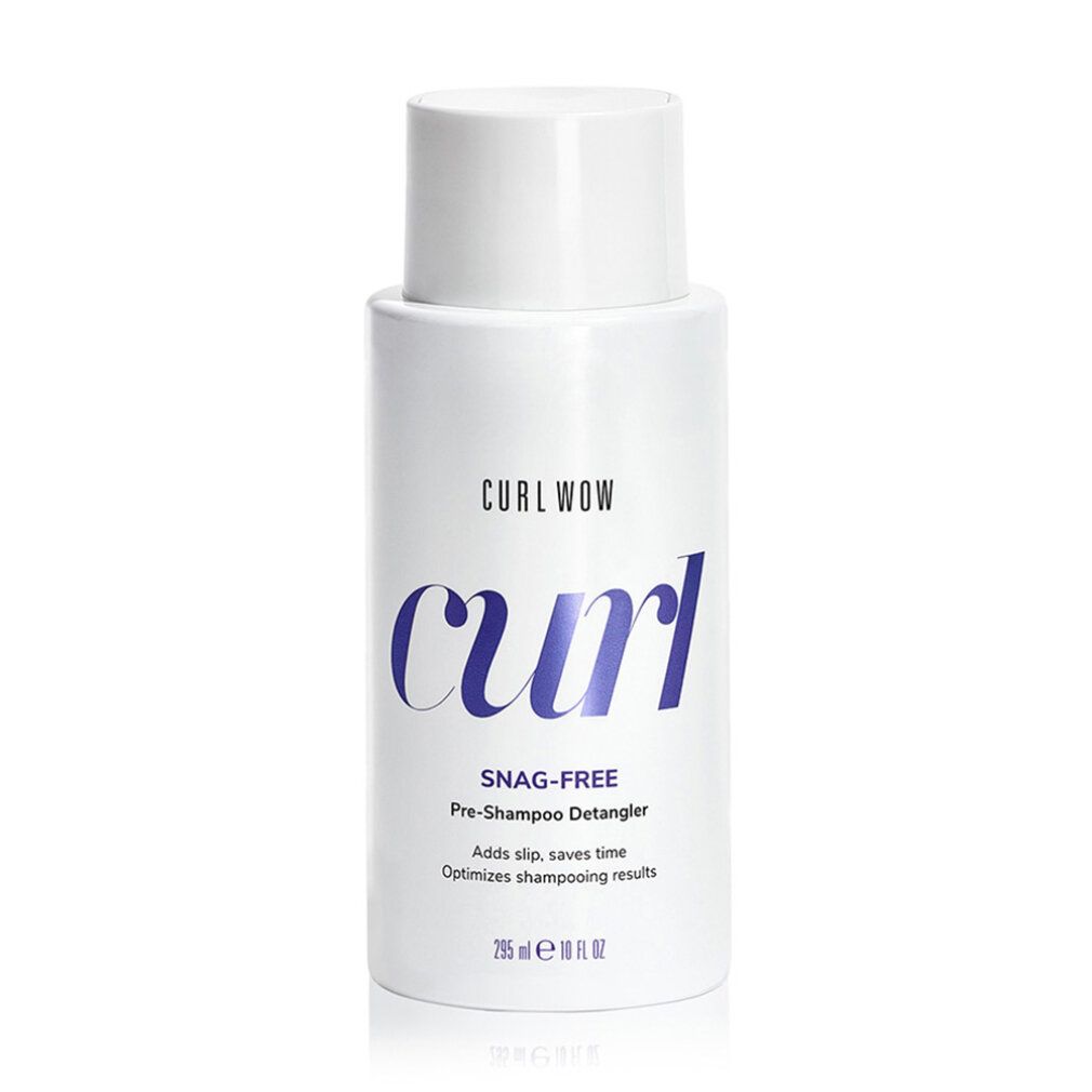 Weißes Curl Wow Pre-Shampoo Detangler. Lila Schriftzug: Curl. Text: Snag-Free, Detangler. Flasche mit weißem Deckel.