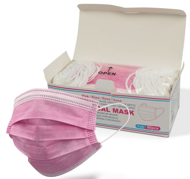 Rosa OP-Maske mit weißen Ohrschlaufen. Geöffneter Karton mit weiteren Masken. Aufdruck: Surgical Mask, 3-ply, 50pcs.