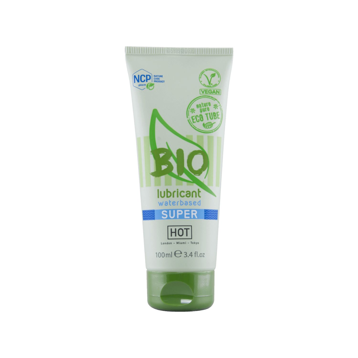 Weiße Tube mit grünem Deckel. Aufschrift "BIO lubricant waterbased SUPER HOT". Vegan-Logo und "ECO TUBE".