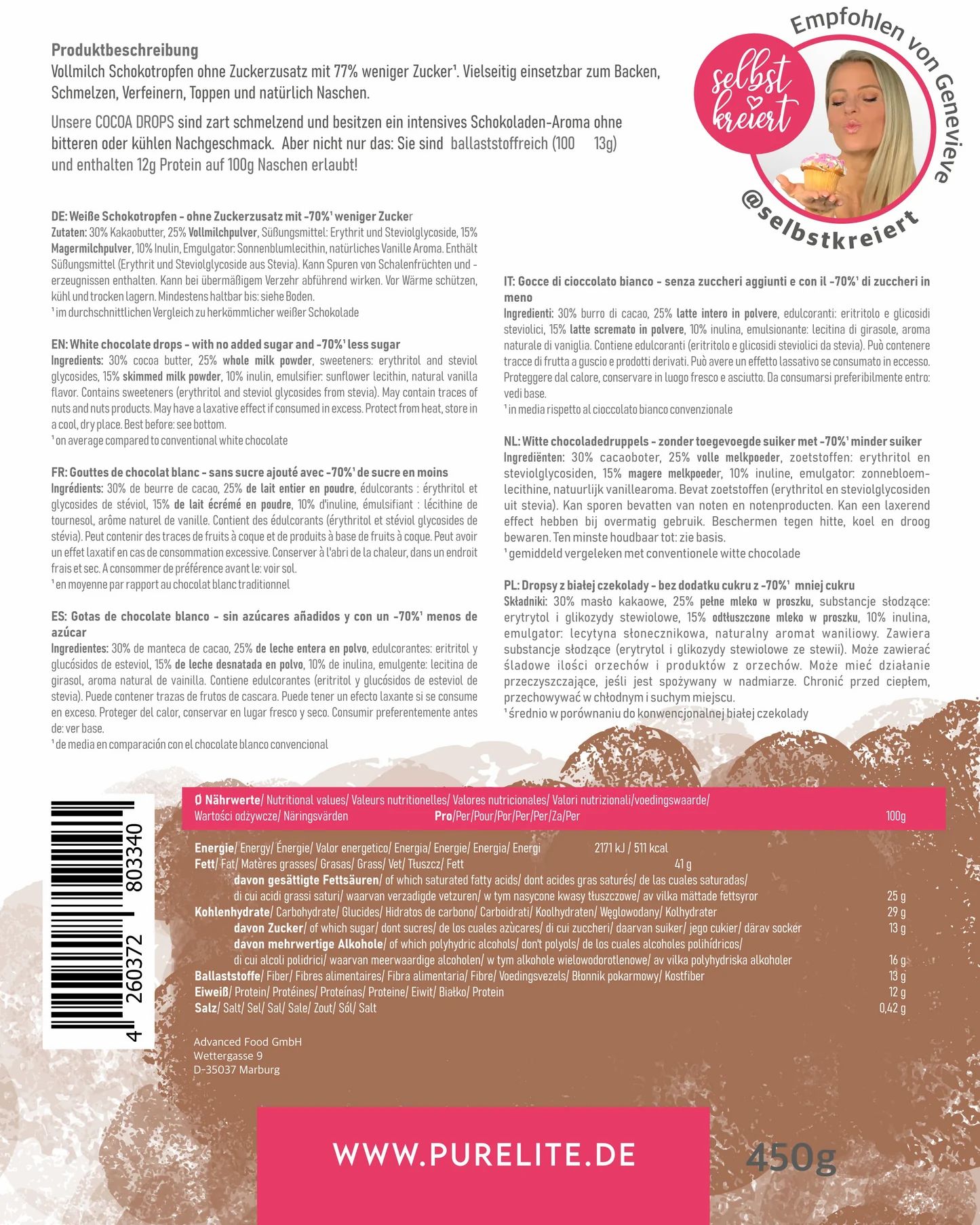 Rückseite der Verpackung mit Produktinformationen. Text in Deutsch, Englisch, Spanisch und Italienisch. Nährwertangaben.