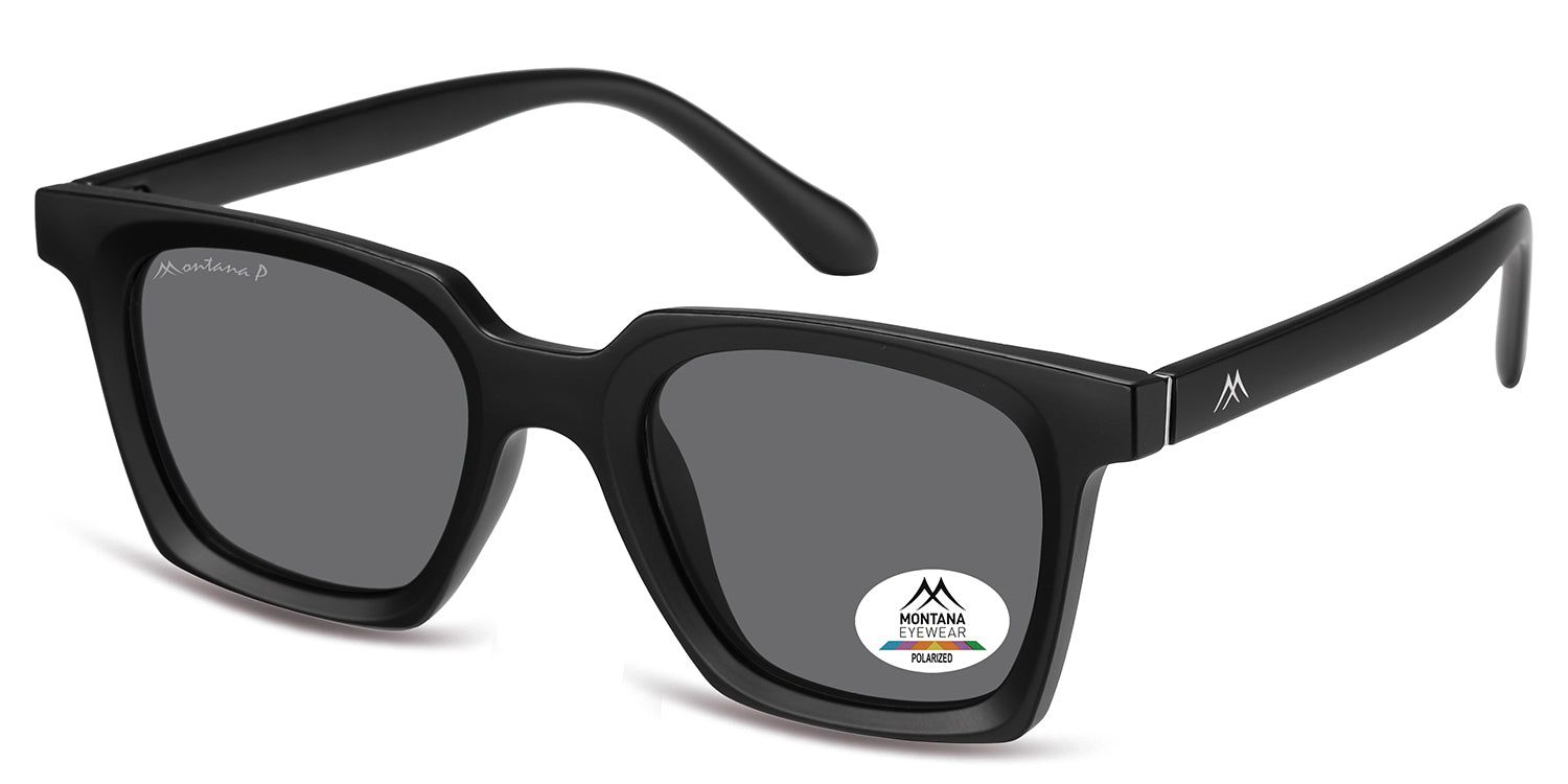Schwarze Sonnenbrille, quadratischer Rahmen, graue Gläser. Montana Eyewear Logo auf dem Bügel und Glas.