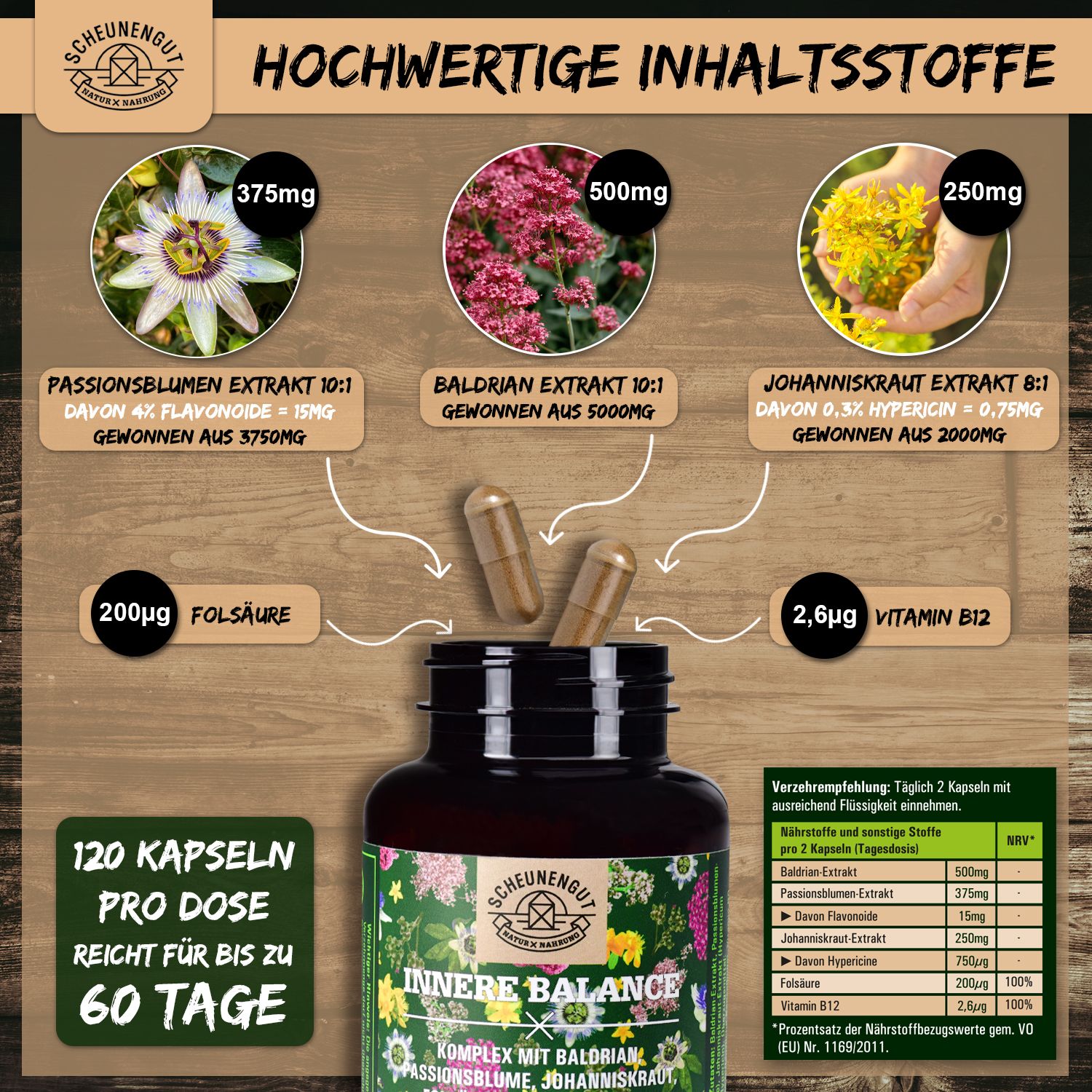 Scheunengut® Innere Balance | Ausgeglichen mit Baldrian, Johanniskraut & Passionsblume 120 St Kapseln