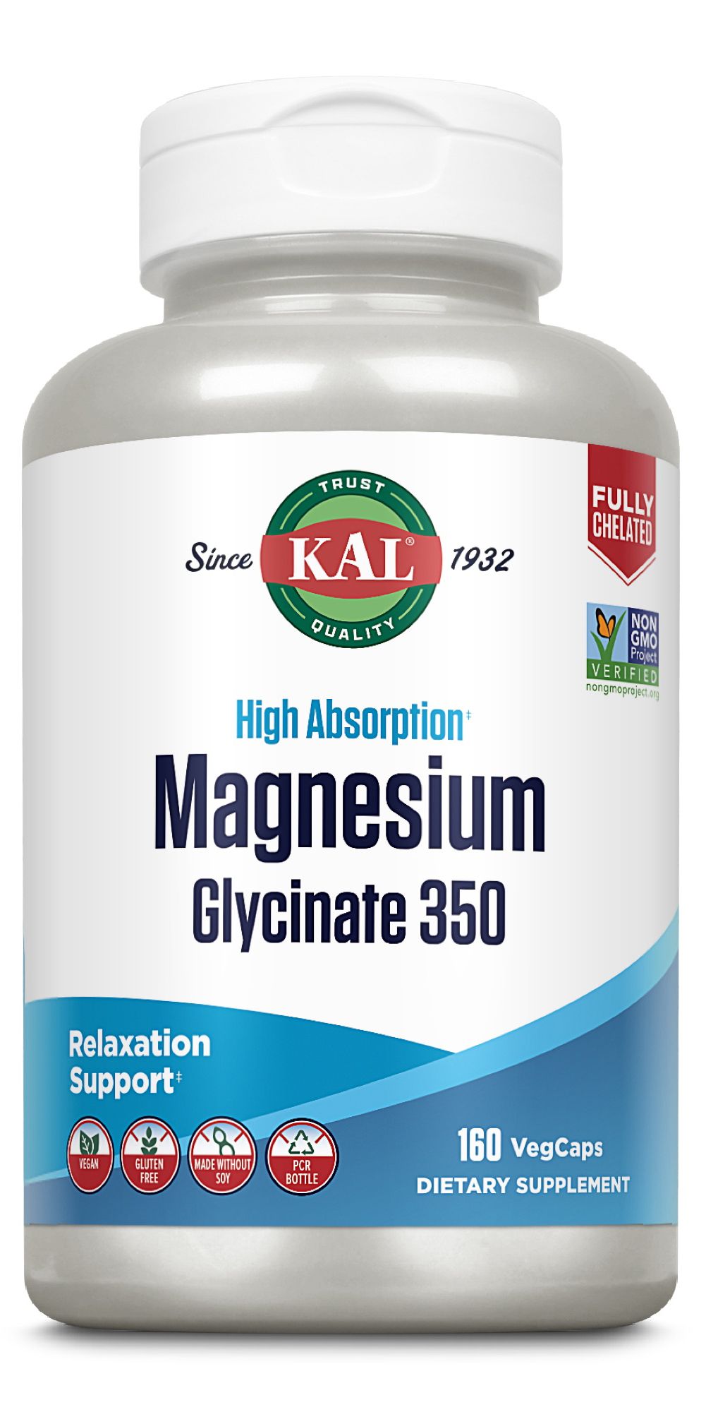Flasche KAL Magnesium Glycinat 350. 160 VegCaps. Aufschrift: High Absorption, Relaxation Support. Vegan, glutenfrei, ohne Soja.