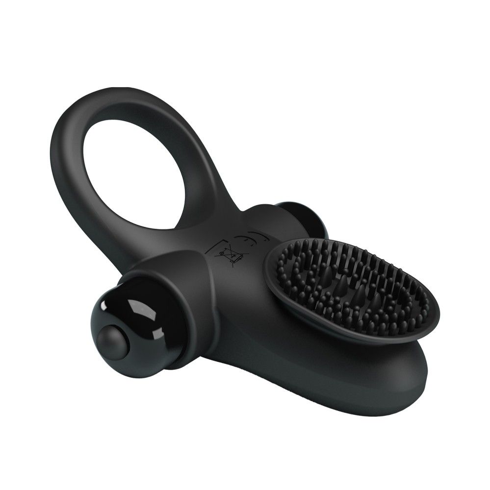 Schwarzer Penisring mit Ring, Vibrationsaufsatz und Noppen. CE-Zeichen.