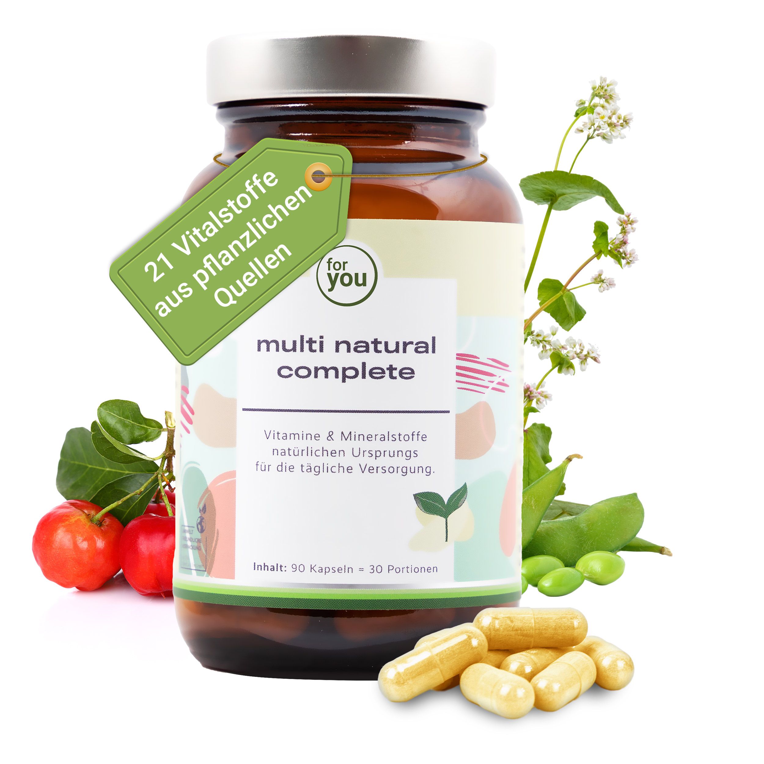 Braunglasflasche mit Kapseln, Etikett mit 'multi natural complete', Beeren und grünen Blättern.