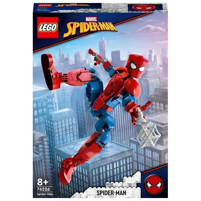 Action figure LEGO Marvel Spider-Man. La figura, rossa e blu, è snodabile e include un accessorio ragnatela. La confezione mostra Spider-Man davanti a uno sfondo urbano. Adatto a bambini dagli 8 anni in su.