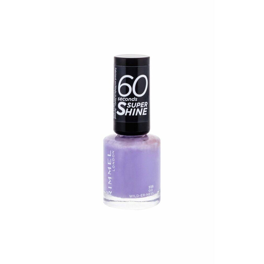 Nagellackflasche mit schwarzem Deckel. Auf dem Deckel steht "60 seconds SUPER SHINE". Die Flasche ist gefüllt mit lila Nagellack.