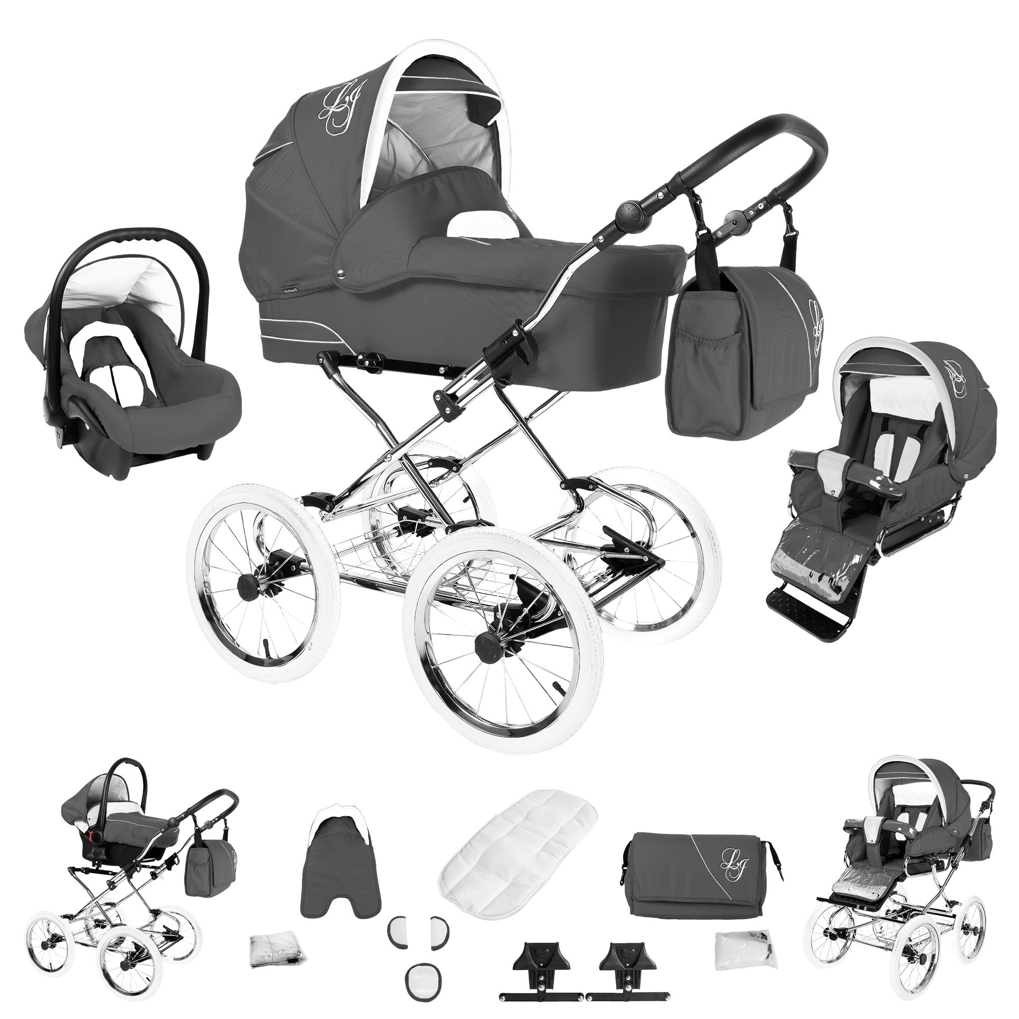 Bebebi Loving 3 in 1 Kinderwagen Set Nostalgie Kinderwagen, Grey Tender