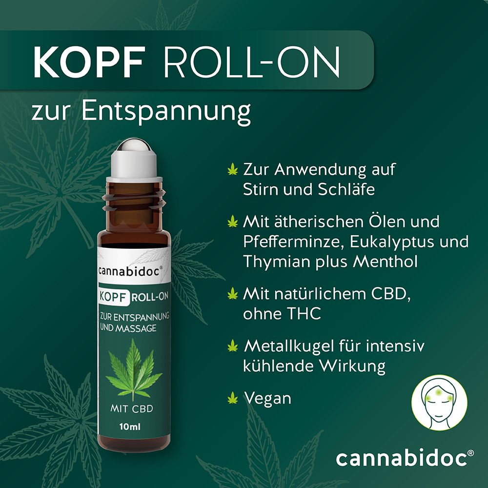 Braune Glasflasche mit Roll-On-Aufsatz. Aufschrift: Cannabidoc Kopf Roll-On, Mit CBD, 10ml. Text: Zur Entspannung, Mit ätherischen Ölen, Vegan.
