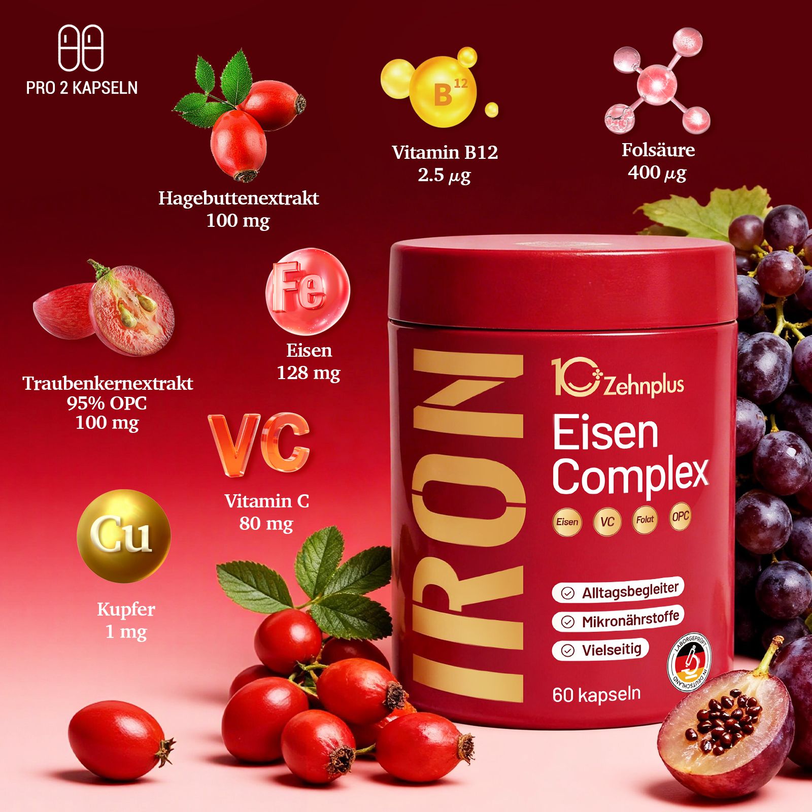 Rote Dose mit "IRON Eisen Complex" Aufschrift. Enthält Hagebuttenextrakt, Traubenkernextrakt, Eisen, Vitamin C, B12, Folsäure und Kupfer. Beigefügte Früchte und Beeren.