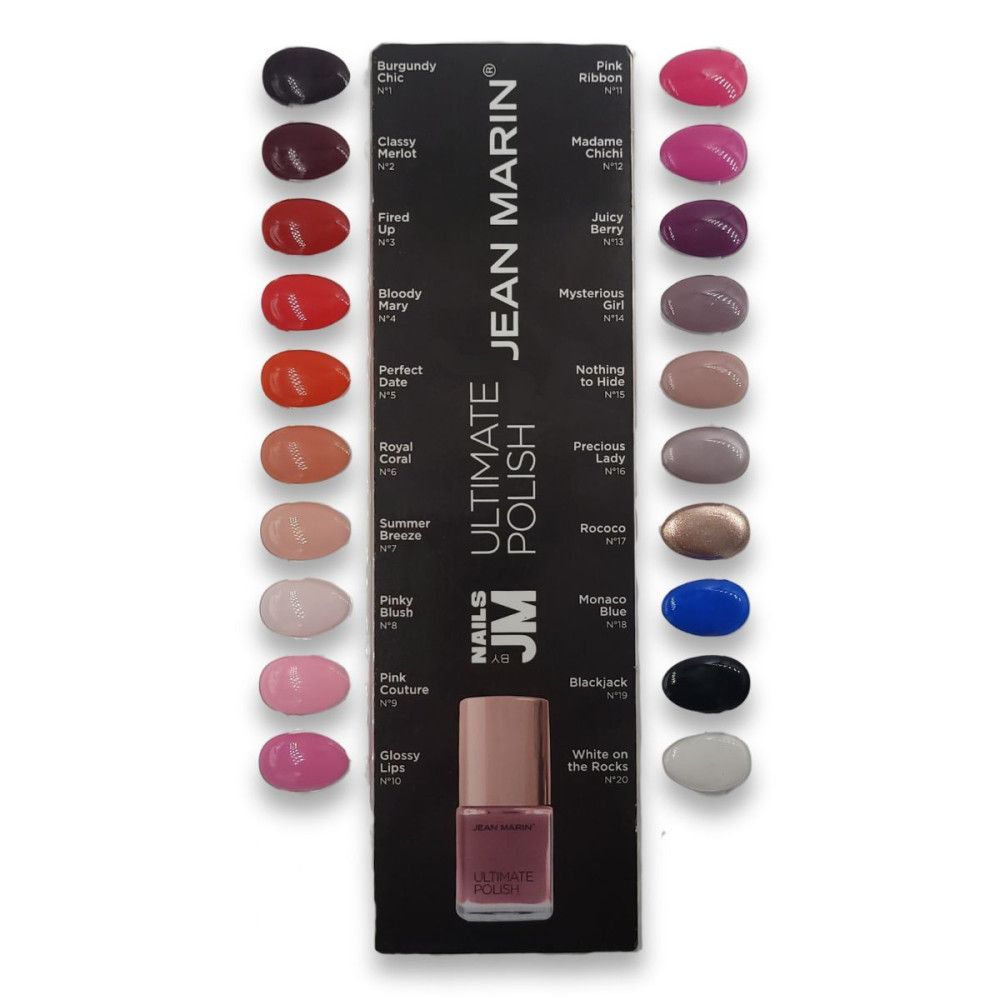 Nagellack-Farben auf Karte. Jean Marin Ultimate Polish. Verschiedene Farben, darunter Rosa, Rot und Schwarz. Eine Nagellackflasche.