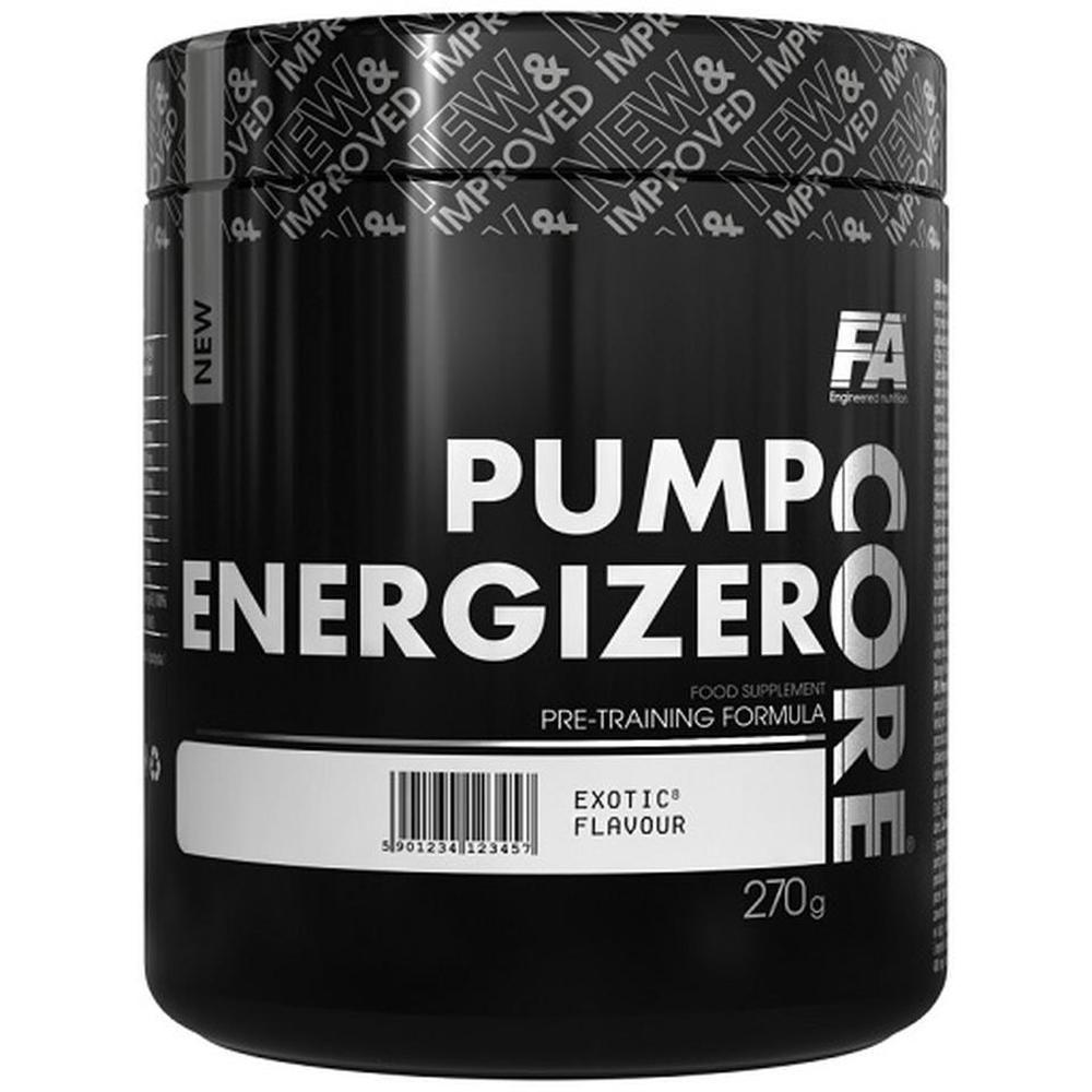 Schwarzer Behälter mit weißer Aufschrift. Produktname: PUMP CORE ENERGIZER. Aufschrift: EXOTIC FLAVOUR, 270g. Marke: FA Engineered Nutrition.