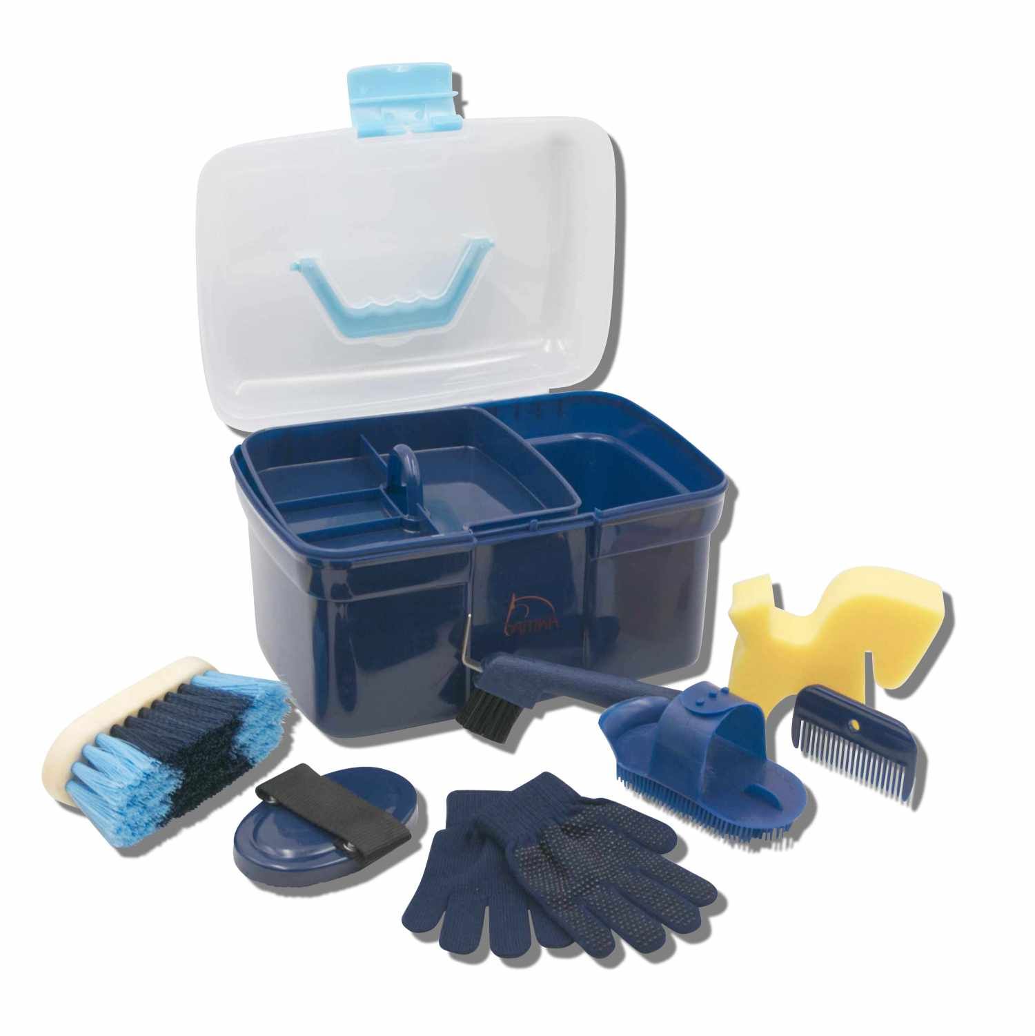 AMKA Putzbox LINA. Die Box ist blau mit einem transparenten Deckel und einem blauen Griff. Enthalten sind eine Bürste, ein Hufkratzer, ein Schwamm, Handschuhe, ein Kamm und ein Hufkratzer.