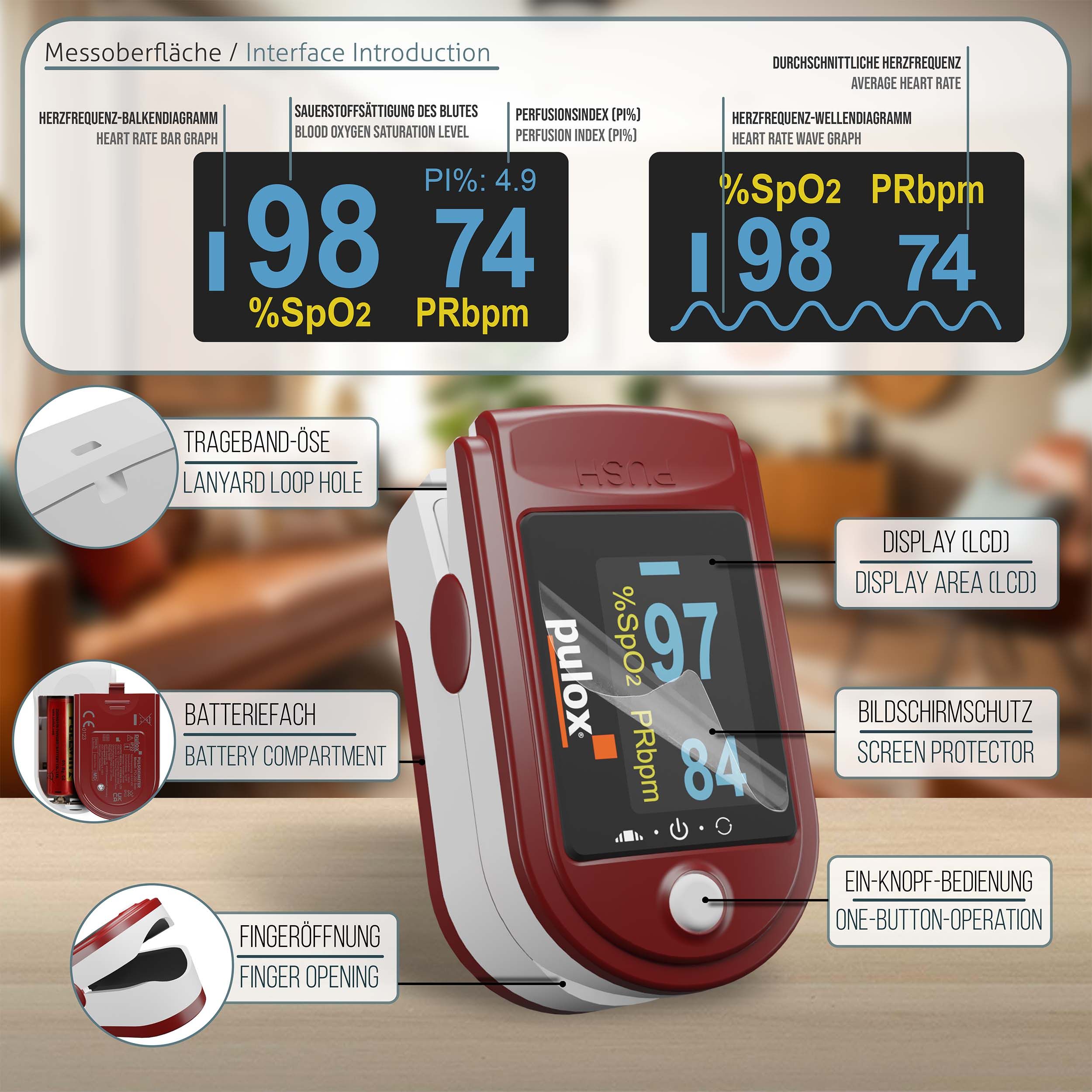 Pulox PO-200 Solo - Finger-Pulsoximeter - Rot