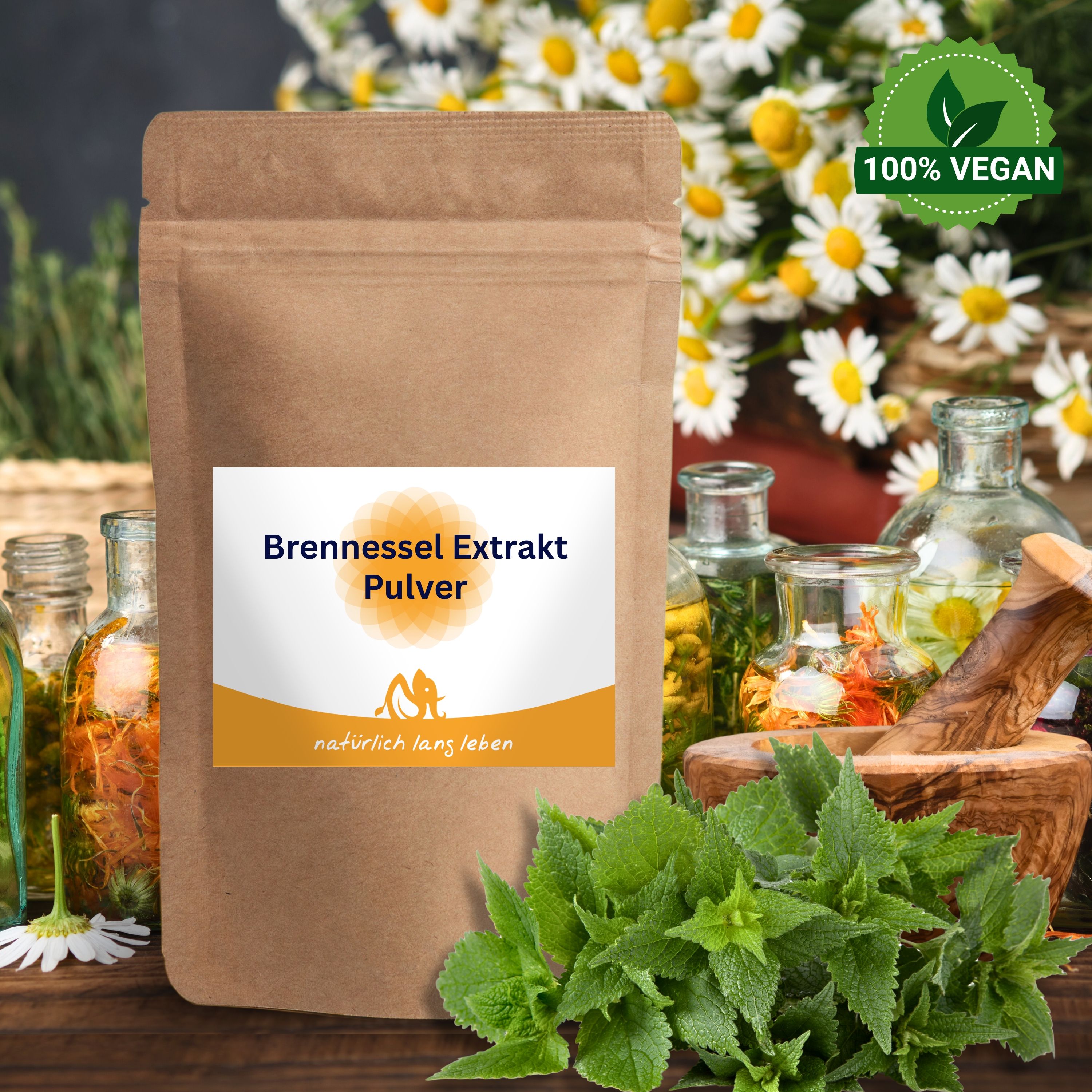 Braune Papierverpackung mit Etikett. Aufschrift: Brennessel Extrakt Pulver. Logo: Sonne und Figur. Text: natürlich lang leben. 100% Vegan-Siegel.