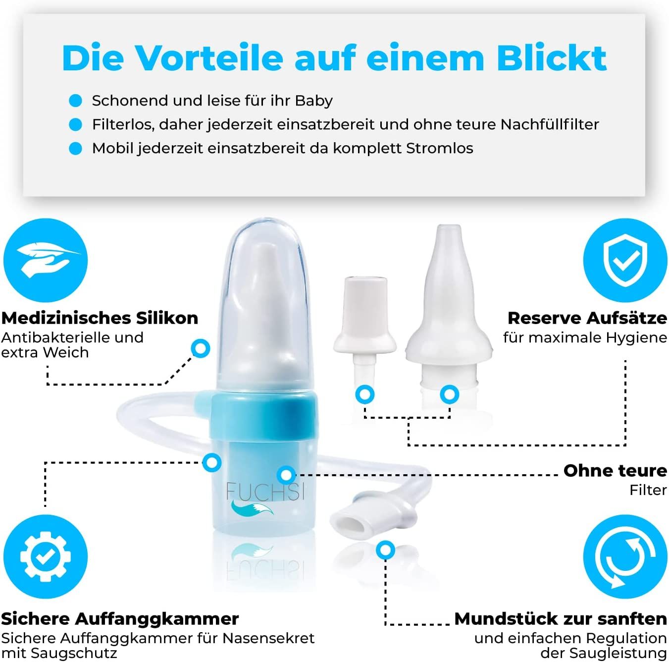 fuchsi Baby Nasensauger | Medizinisches Silikon | Filterlos & Endlosverwendbar