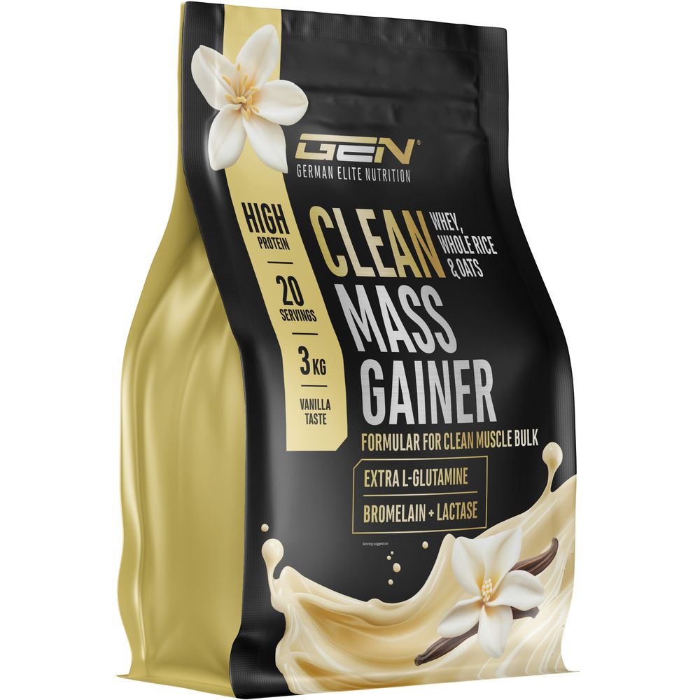 Beutel Clean Mass Gainer. Enthält Angaben zu Protein, Portionen, Geschmack und Inhaltsstoffen. Marke: GEN German Elite Nutrition.