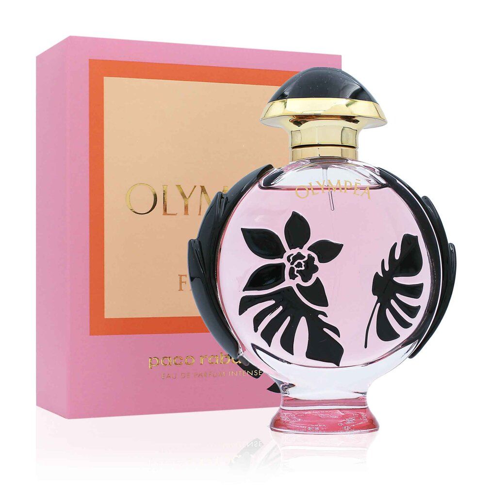 Rosa Flakon mit schwarzem Blumendesign und schwarzem Deckel. Steht neben der rosa Verpackung mit Logo.