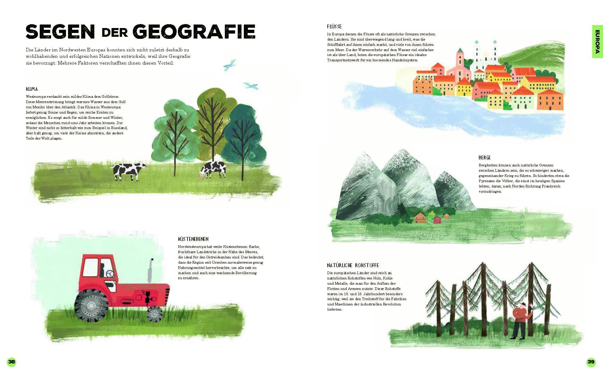 Doppelseite aus dem Buch. Illustrationen zu Geografie-Themen. Titel: "Segen der Geografie".