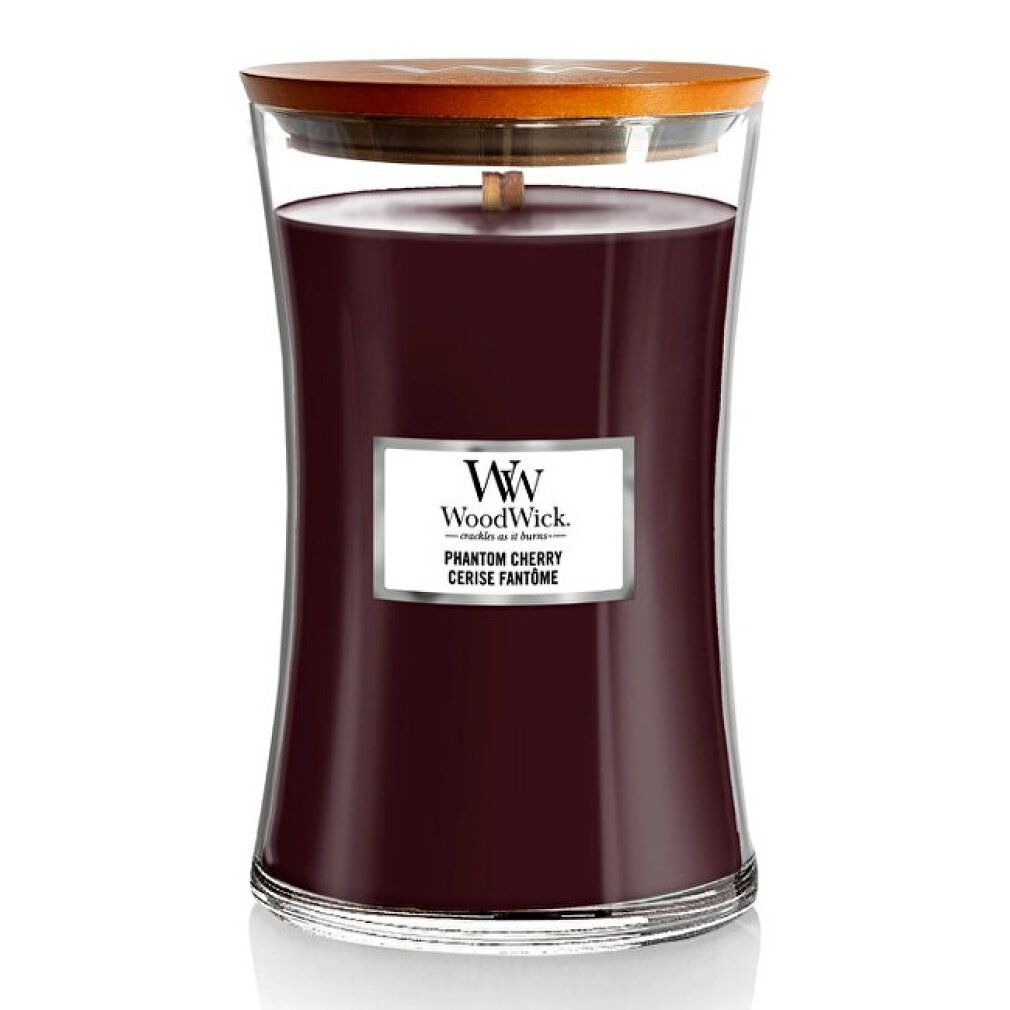 Glas-Duftkerze mit Holzdocht und Deckel. Etikett mit "WoodWick Phantom Cherry". Dunkelrote Wachsfüllung.