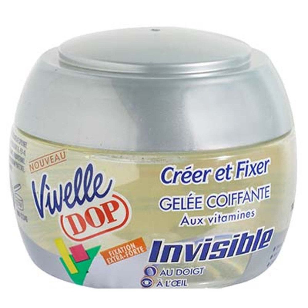 Runde Dose mit silbernem Deckel. Aufschrift: Vivelle DOP, Créer et Fixer, Gelée Coiffante, Invisible. Mit Vitaminen. Extra starker Halt.