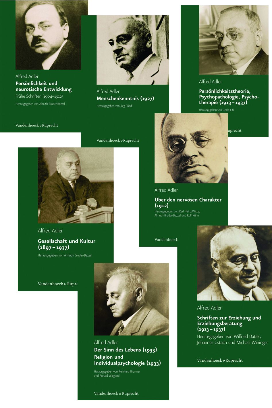 Sieben Bücher mit Porträts von Alfred Adler. Titel: Persönlichkeit und neurotische Entwicklung, Menschenkenntnis, Persönlichkeitstheorie, Gesellschaft und Kultur, Über den nervösen Charakter, Der Sinn des Lebens, Schriften zur Erziehung.