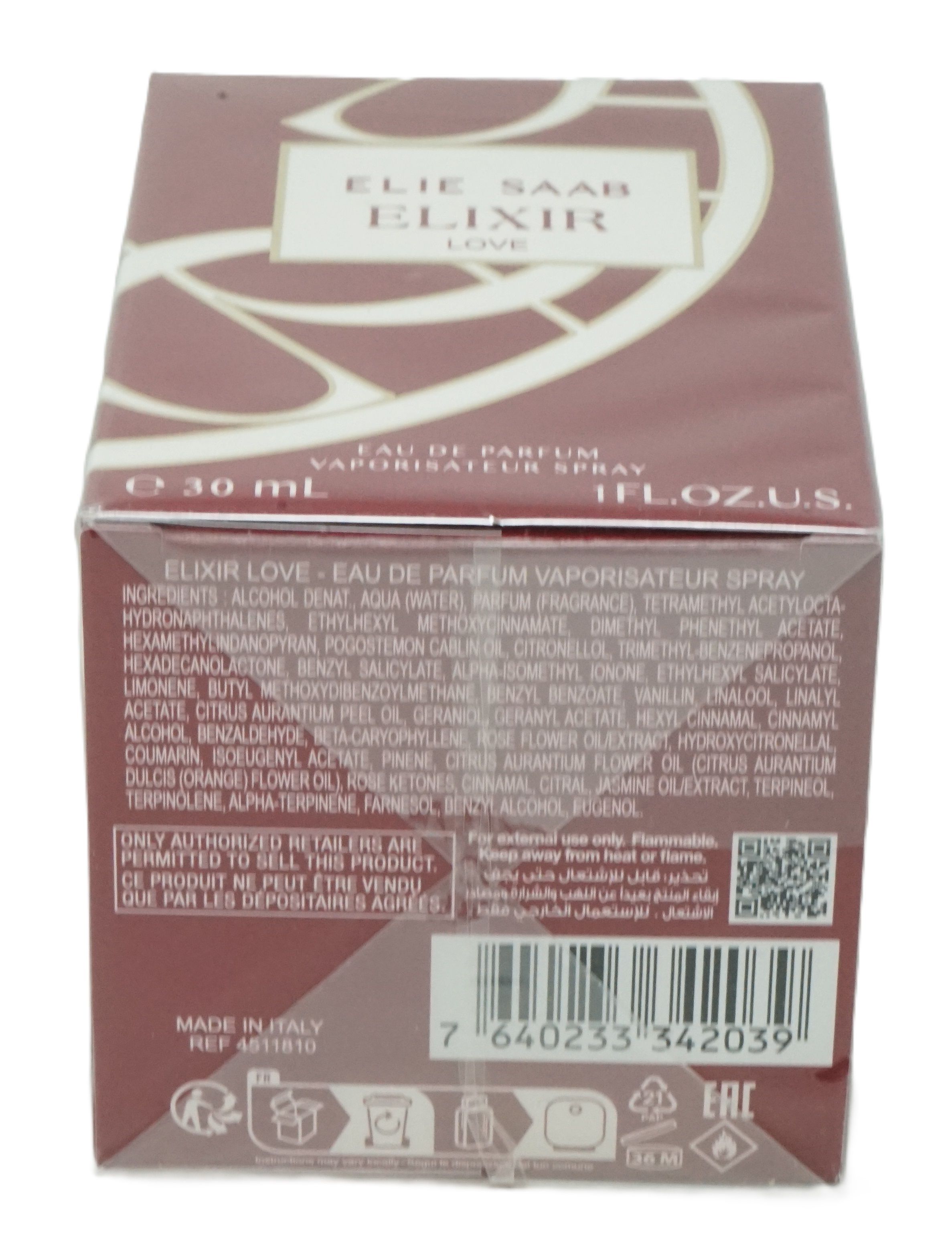 Rückseite der ELIE SAAB ELIXIR LOVE Verpackung. Enthält Inhaltsstoffe, Warnhinweise, Barcode und Angaben zur Herstellung.