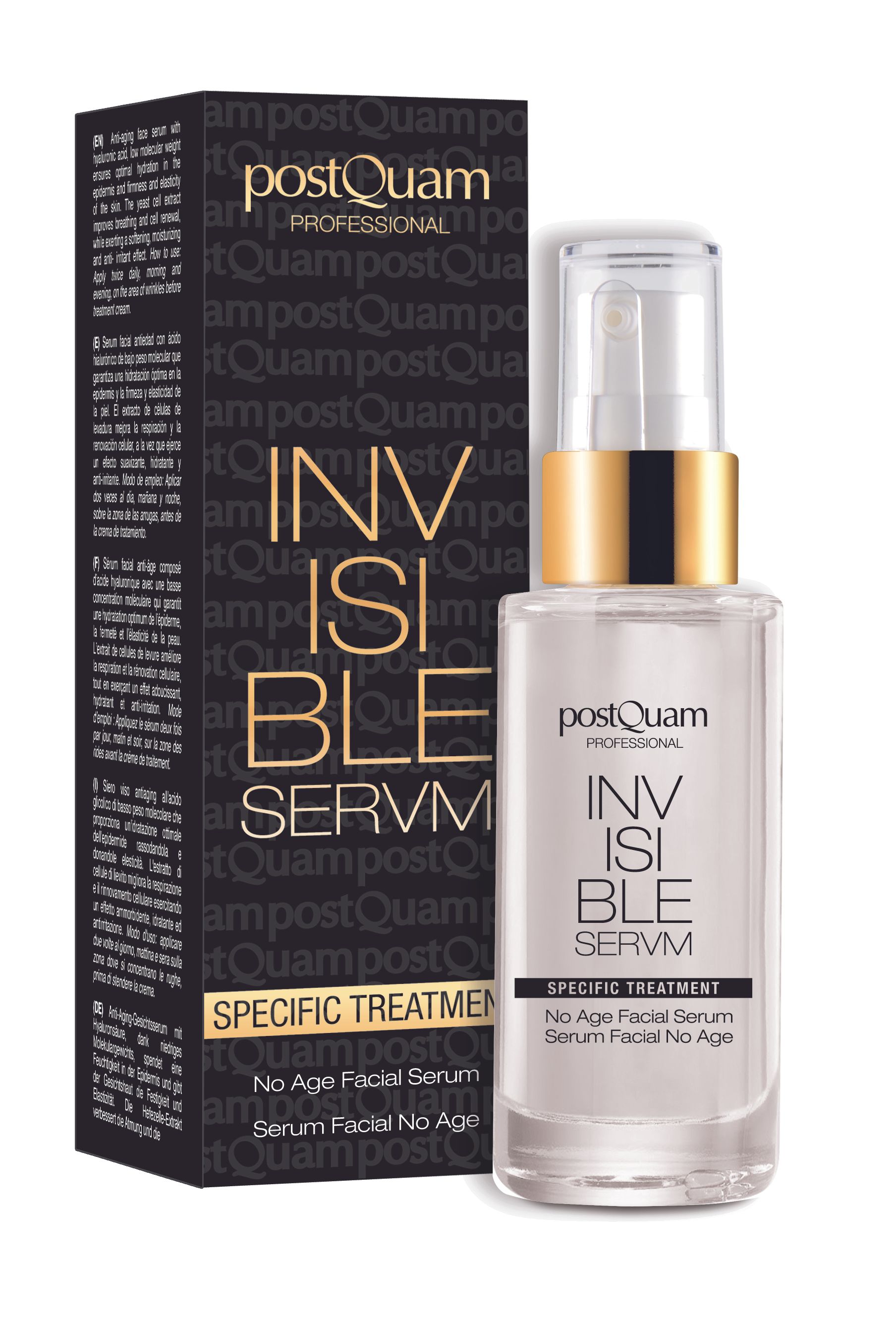 Postquam Invisible Gesichtsserum. Flasche mit Sprühkopf und Verpackung. Schwarze Verpackung mit Text. Produktname und Logo sichtbar.
