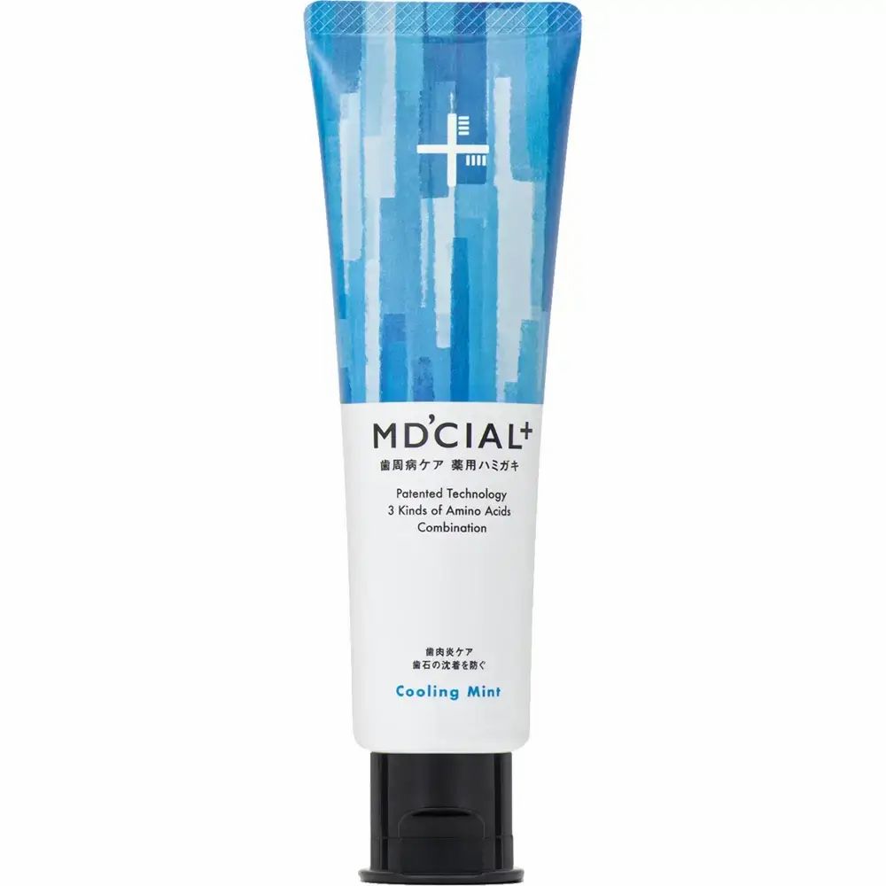 Zahncreme-Tube, blau mit weißem Schriftzug MD'CIAL+. Schwarzer Verschluss. Text: Cooling Mint.