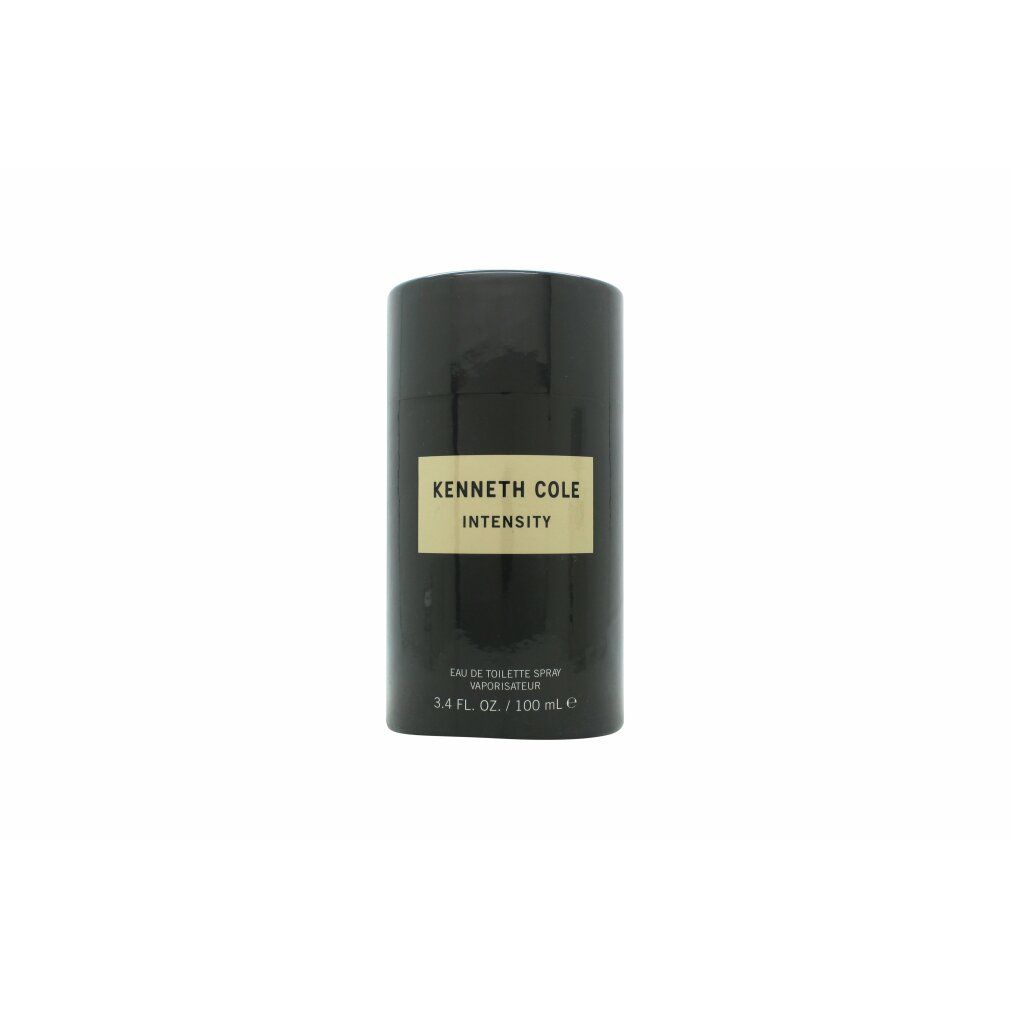 Schwarzer, zylindrischer Flakon mit goldfarbenem Etikett. Aufschrift: Kenneth Cole Intensity. Eau de Toilette Spray.