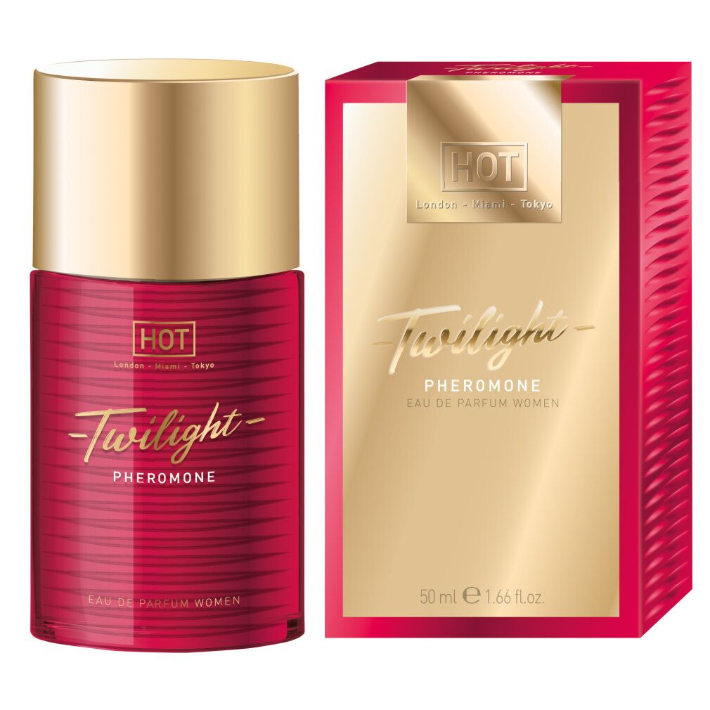 Flakon und Verpackung von Twilight Pheromone Parfum. Roter Flakon mit goldener Kappe, daneben eine rote Schachtel mit goldenem Aufdruck.