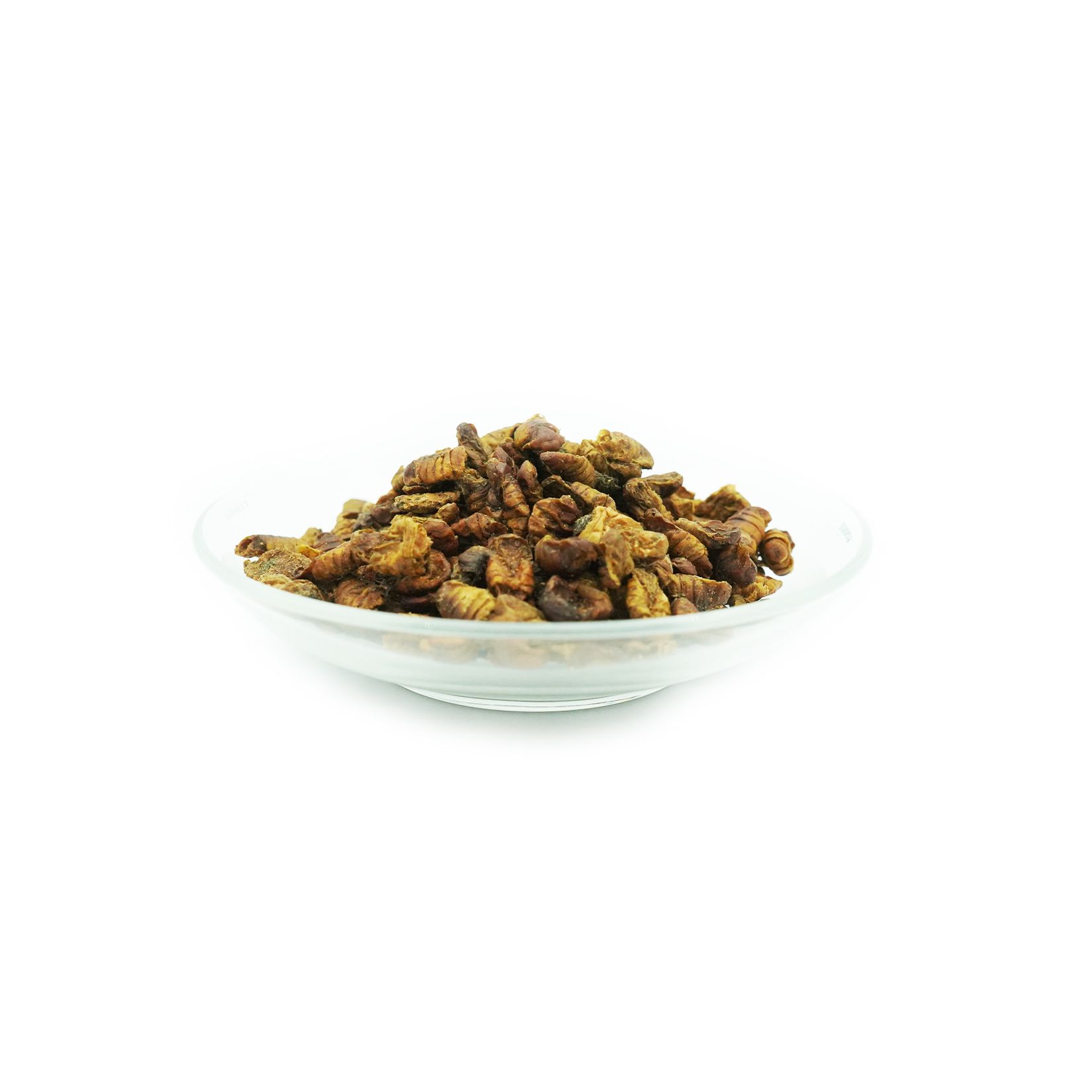 Haufen getrockneter Insekten in einer Glasschale. KI-JA-KO Koifischfutter Nature Snack.