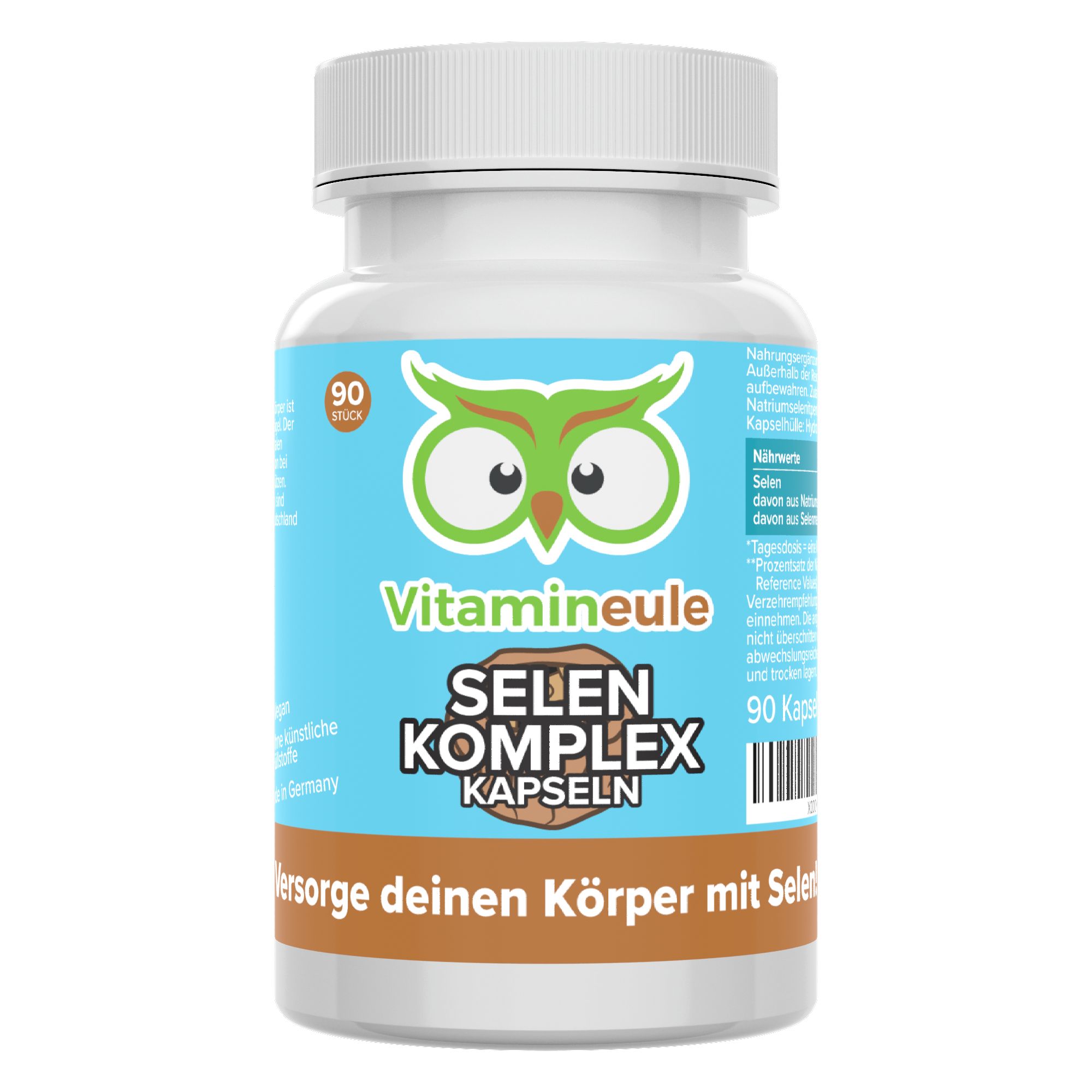Weiße Flasche mit blauem Etikett. Enthält Selen Komplex Kapseln. 90 Stück. Marke: Vitamineule. Aufschrift: "Versorge deinen Körper mit Selen!"