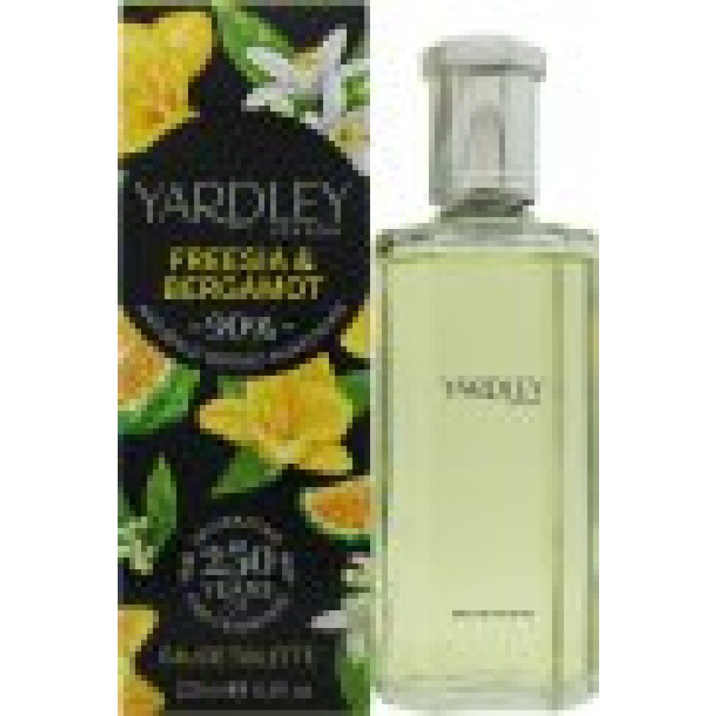 Yardley Freesia & Bergamot Eau de Toilette Spray. Flakon und Verpackung. Schwarze Verpackung mit Blumenmuster und Text. 125 Jahre.