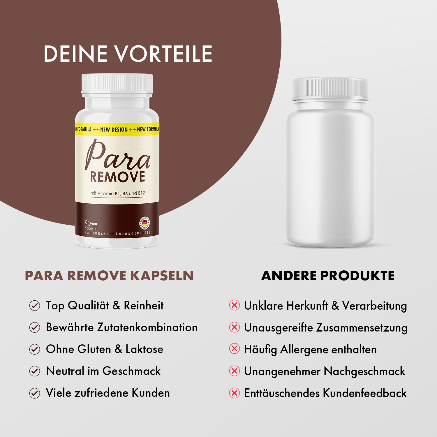 Produkt-Vergleich: Dose "Para Remove Kapseln" vs. anderes Produkt. Vorteile: Top Qualität, ohne Gluten & Laktose. Nachteile: Unklare Herkunft, Allergene.