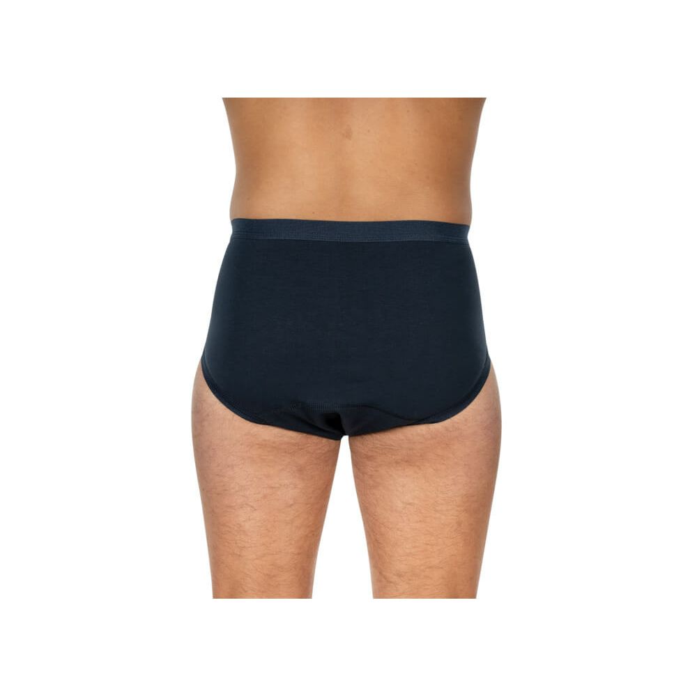 Dunkelblaue Inkontinenz-Slip, Rückansicht. Elastischer Bund, breite Ausführung. Baumwollstoff.