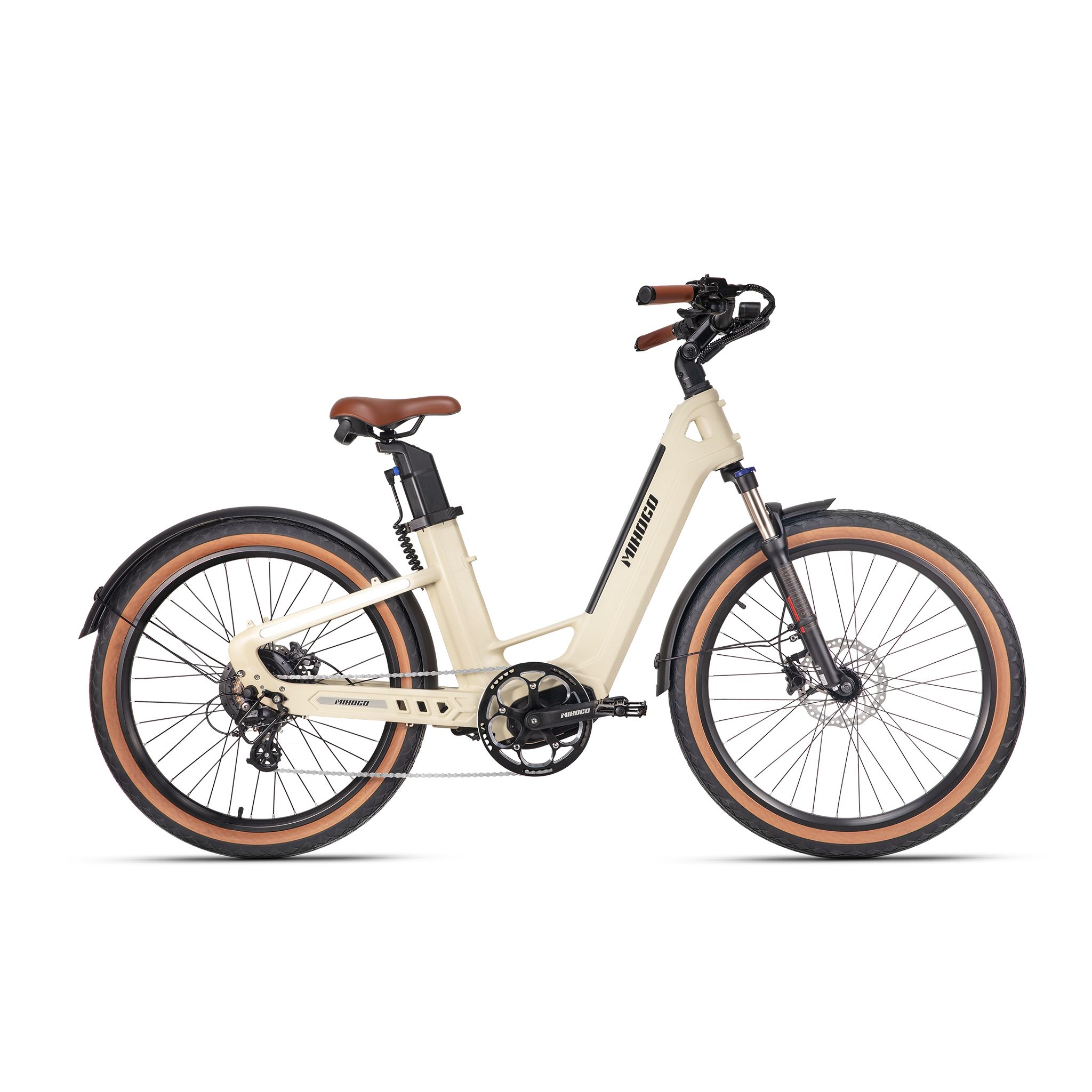 Beige E-Bike mit braunen Reifen und Sattel. Schwarze Schutzbleche und Lenker. MIHOGO-Logo.