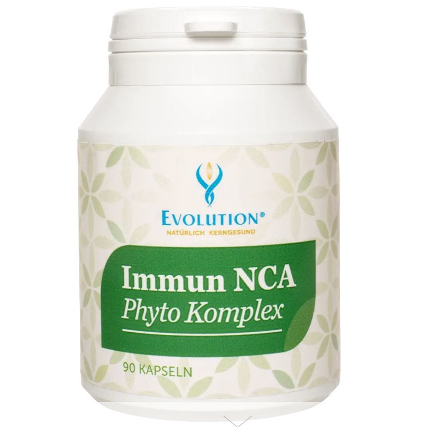 Weiße Flasche mit grünem Etikett. Aufschrift: Evolution, Immun NCA Phyto Komplex, 90 Kapseln.