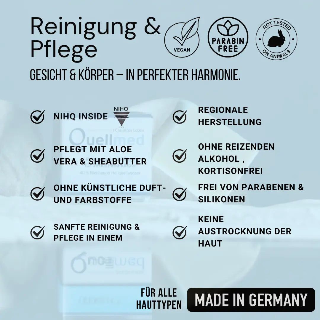 Text mit Produktinformationen. Vegan, ohne Parabene, ohne Tierversuche. Für alle Hauttypen. Made in Germany.